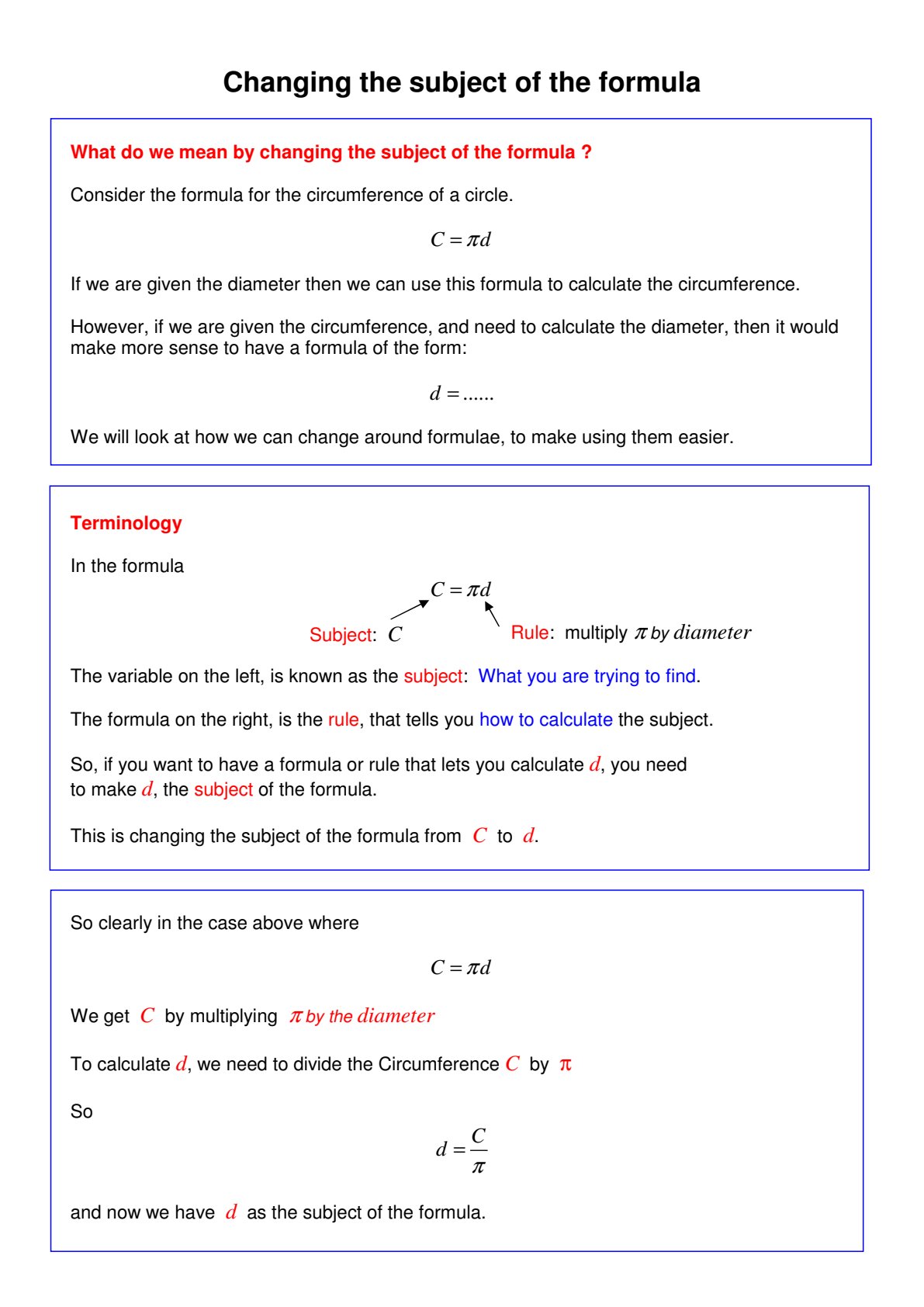 First page of Secondary Mathematics Changing the subject of the formula Notes Zimbabwe