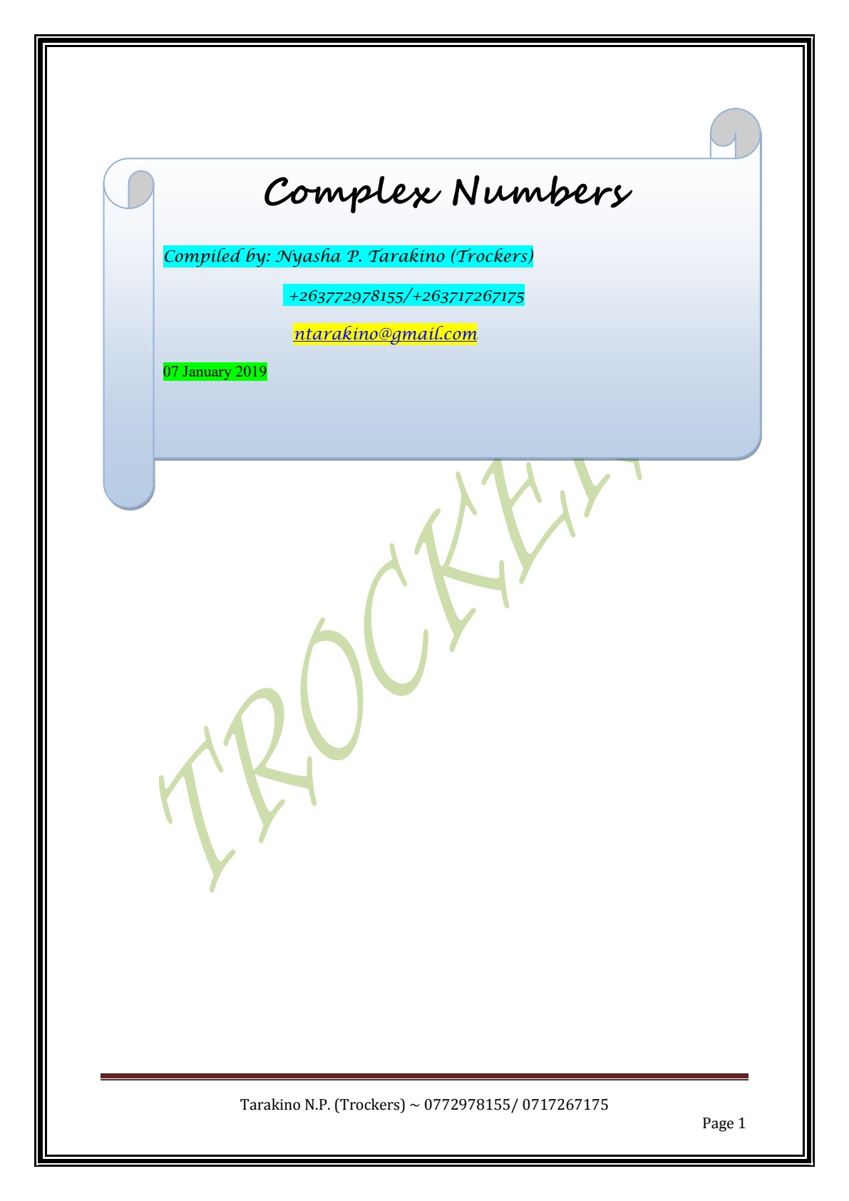 First page of Secondary Mathematics Complex Numbers Notes Zimbabwe
