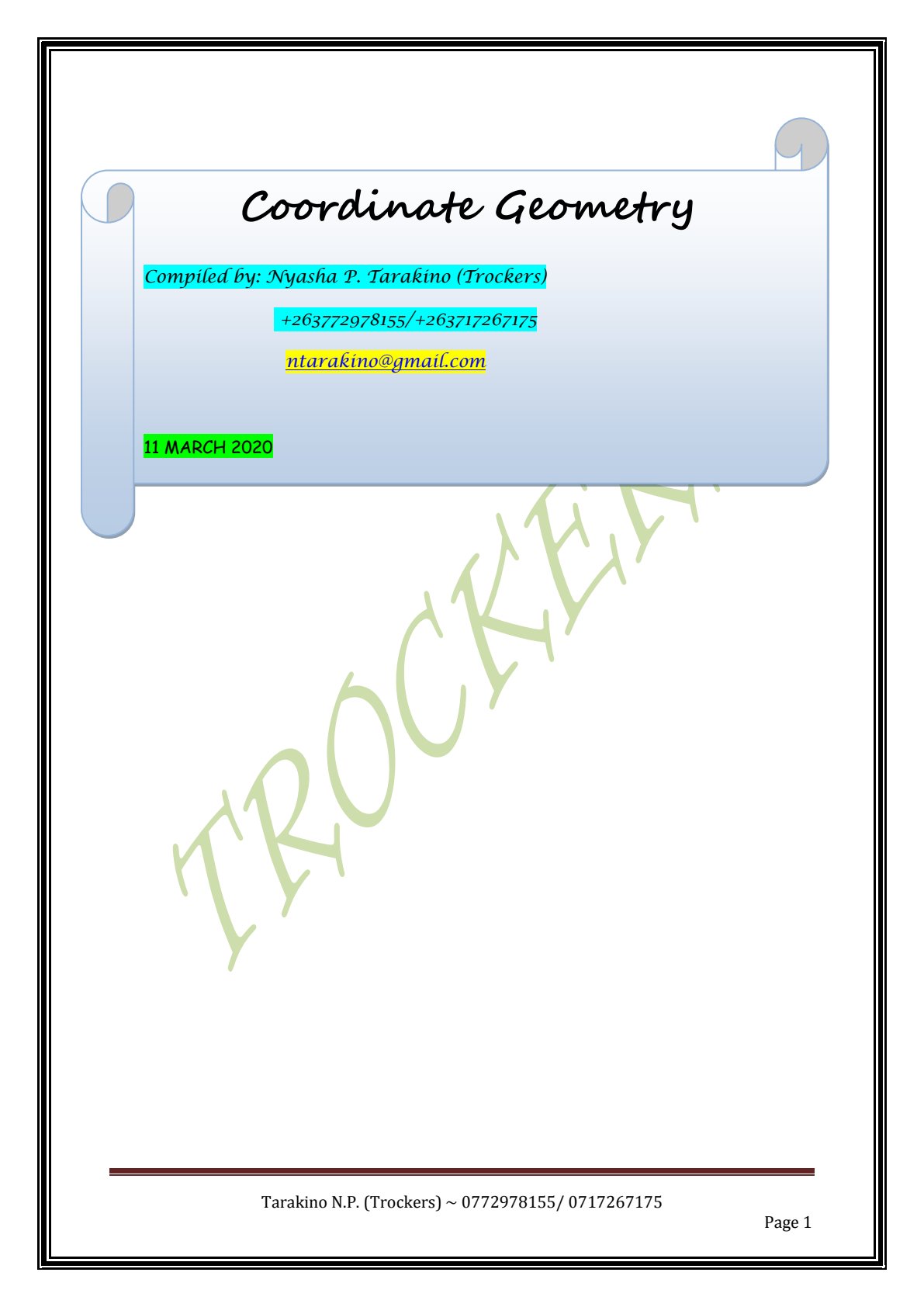 First page of Secondary Mathematics Coordinate Geometry Notes Zimbabwe