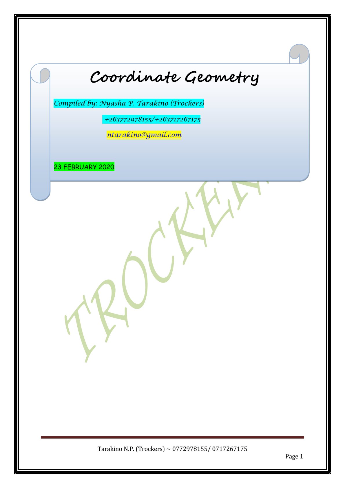First page of Secondary Mathematics Coordinate Geometry Notes Zimbabwe
