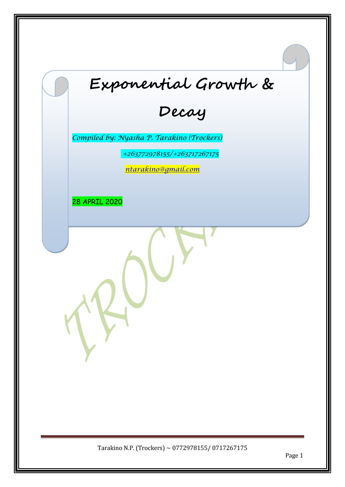 First page of Secondary Mathematics Exponential Growth & Decay Notes Zimbabwe
