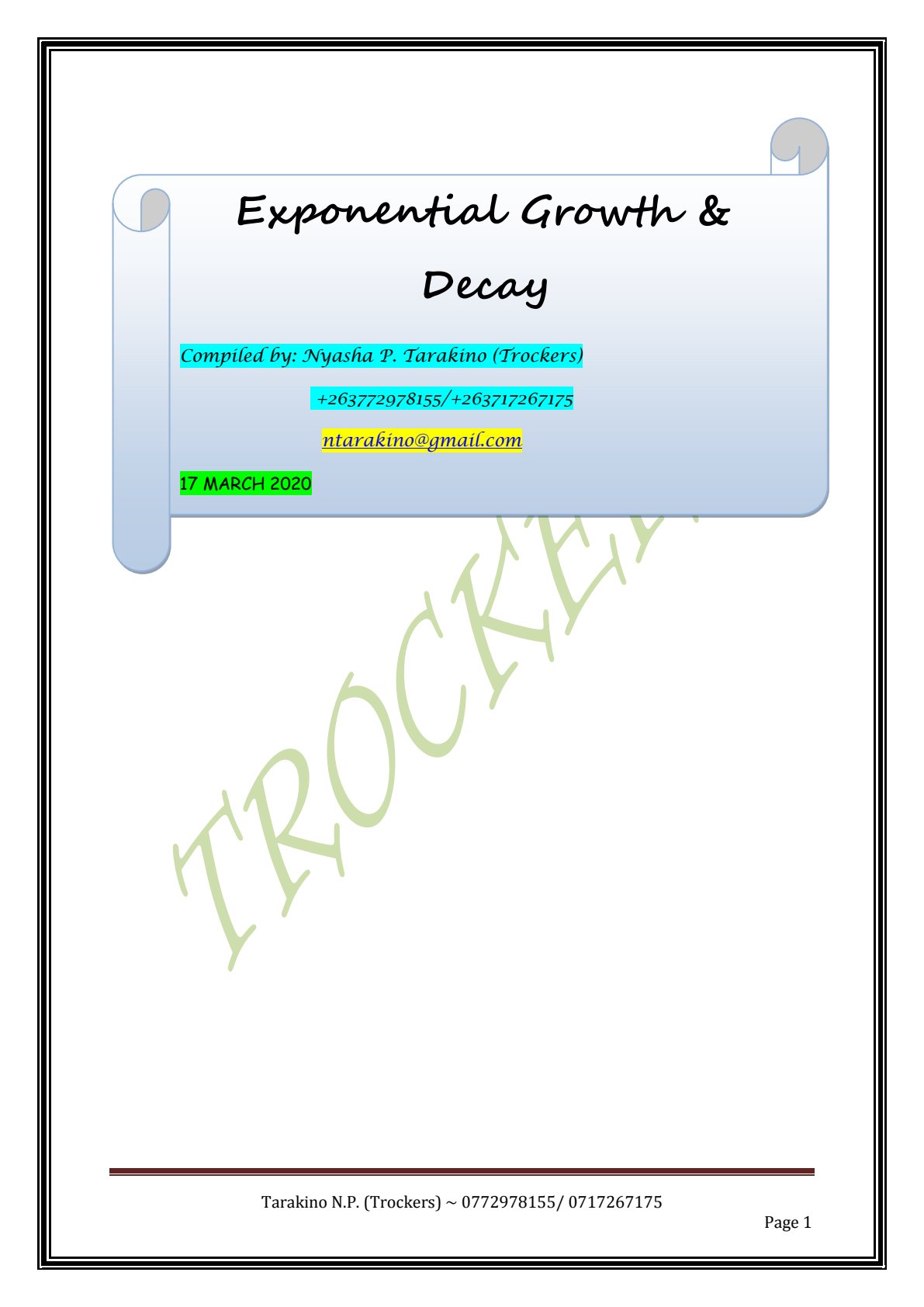 First page of Secondary Mathematics Exponential Growth & Decay Notes Zimbabwe
