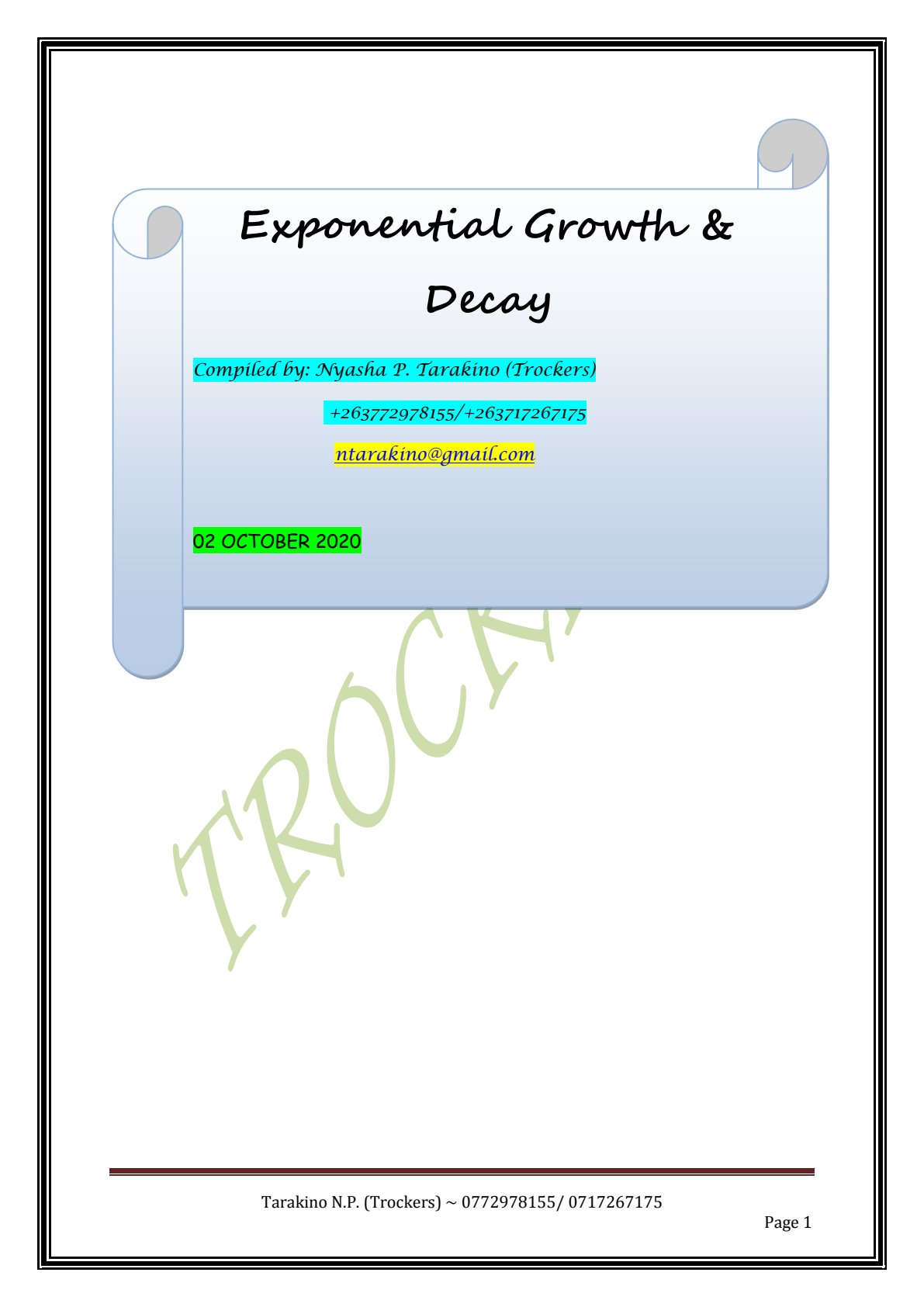 First page of Secondary Mathematics Exponential Growth & Decay Notes Zimbabwe