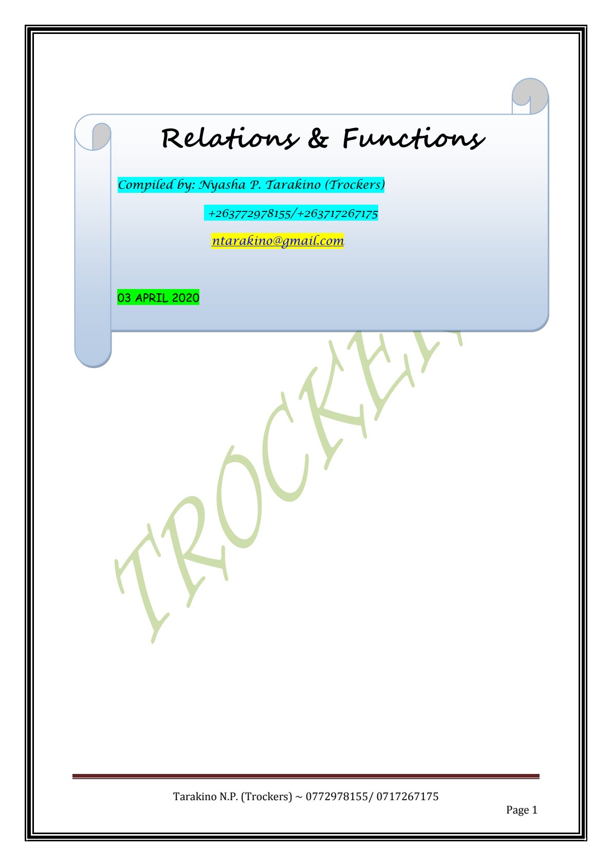 First page of Secondary Mathematics Functions Notes Zimbabwe