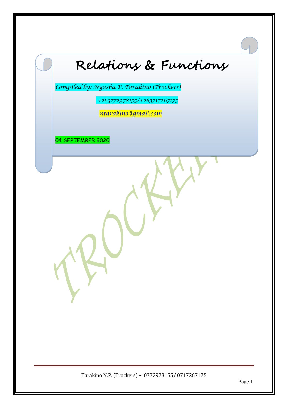 First page of Secondary Mathematics Functions Notes Zimbabwe