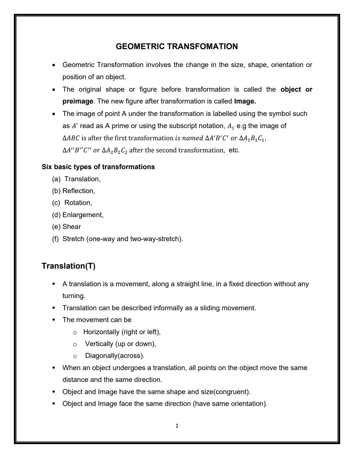 First page of Secondary Mathematics Geometric Transformation Notes Zimbabwe