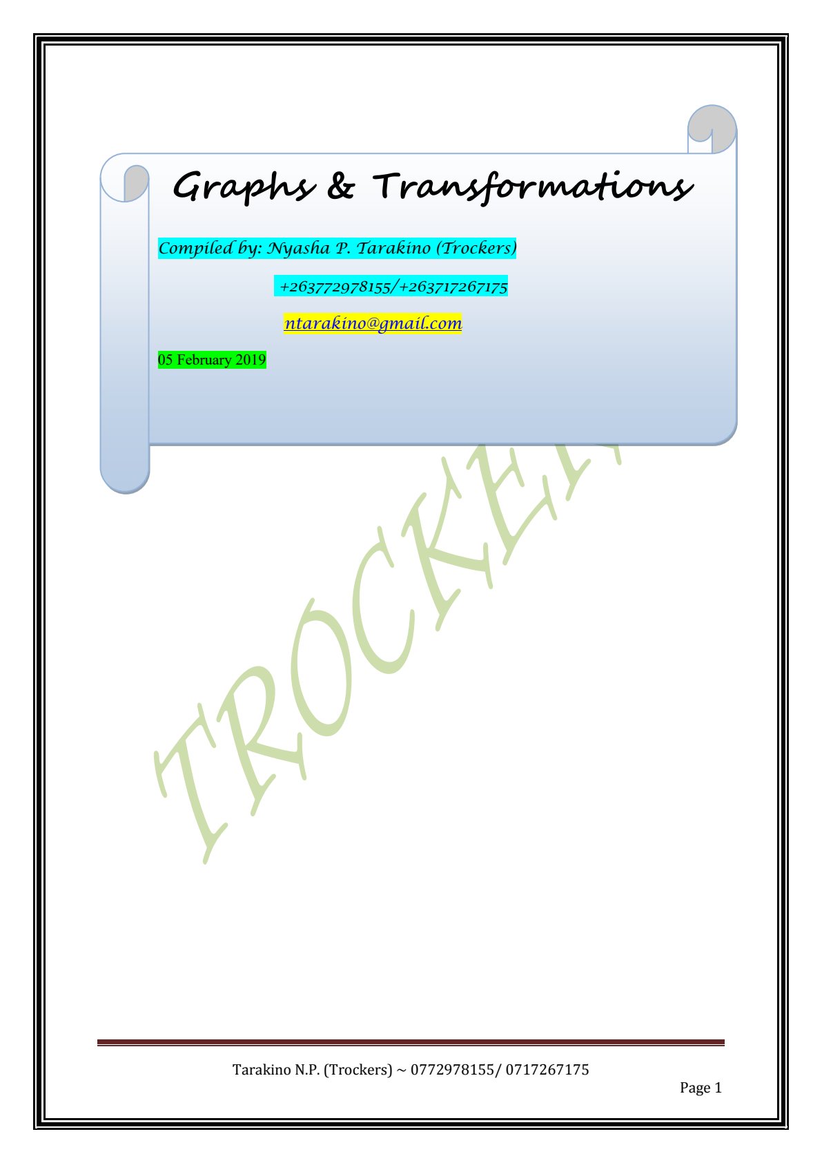 First page of Secondary Mathematics Graphs and Transformations Notes Zimbabwe