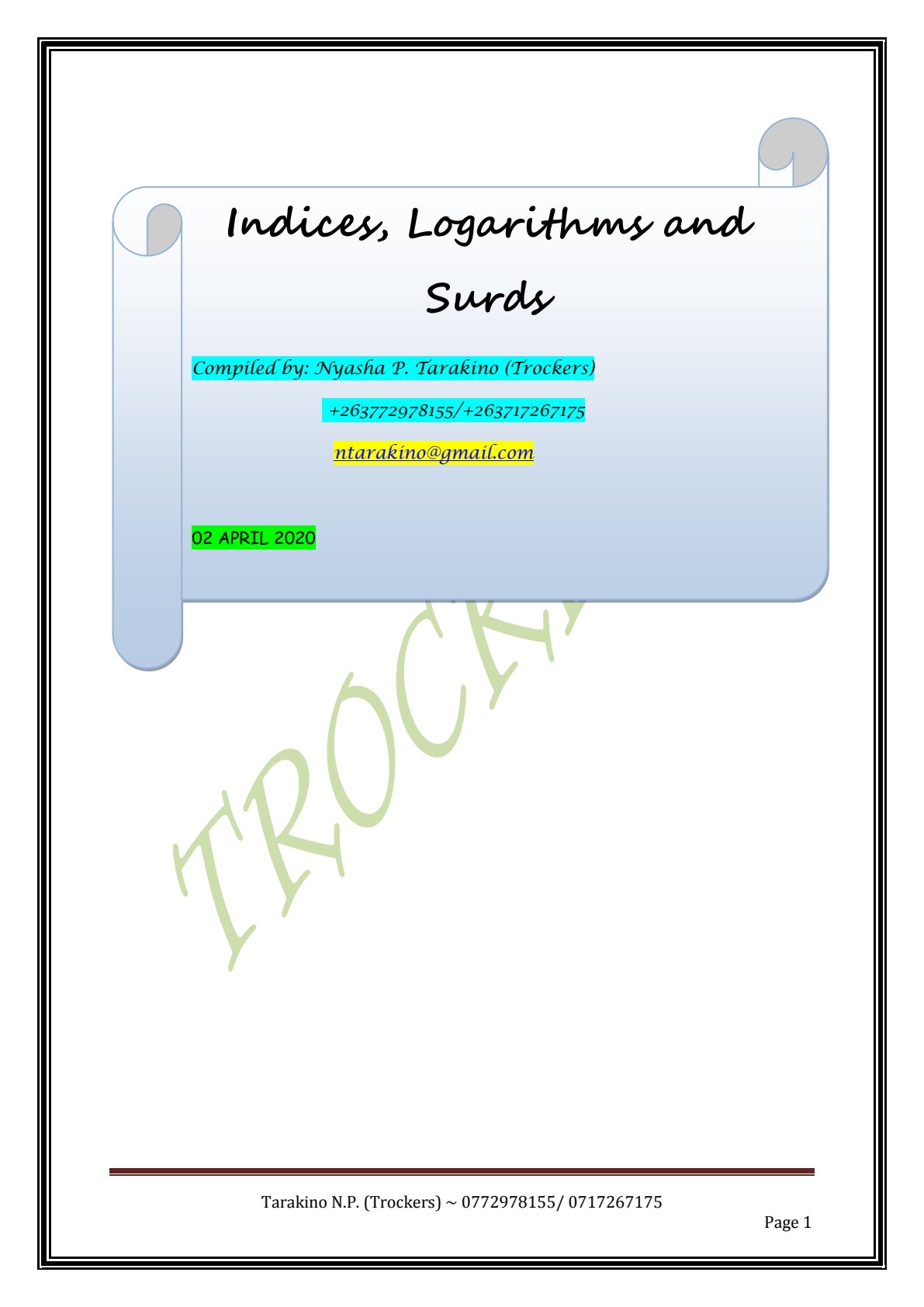First page of Secondary Mathematics Indices, Logarithms and Surds Notes Zimbabwe