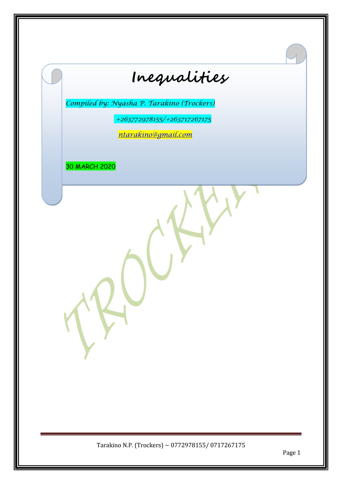 First page of Secondary Mathematics Inequalities Notes Zimbabwe