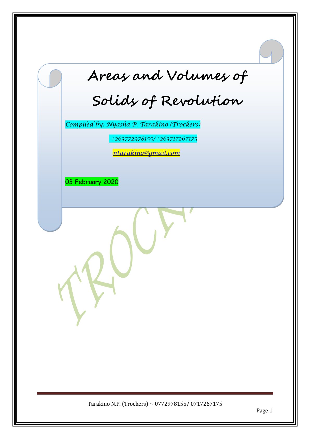 First page of Secondary Mathematics Integration: Areas and Volumes of Solids of Revolution Notes Zimbabwe