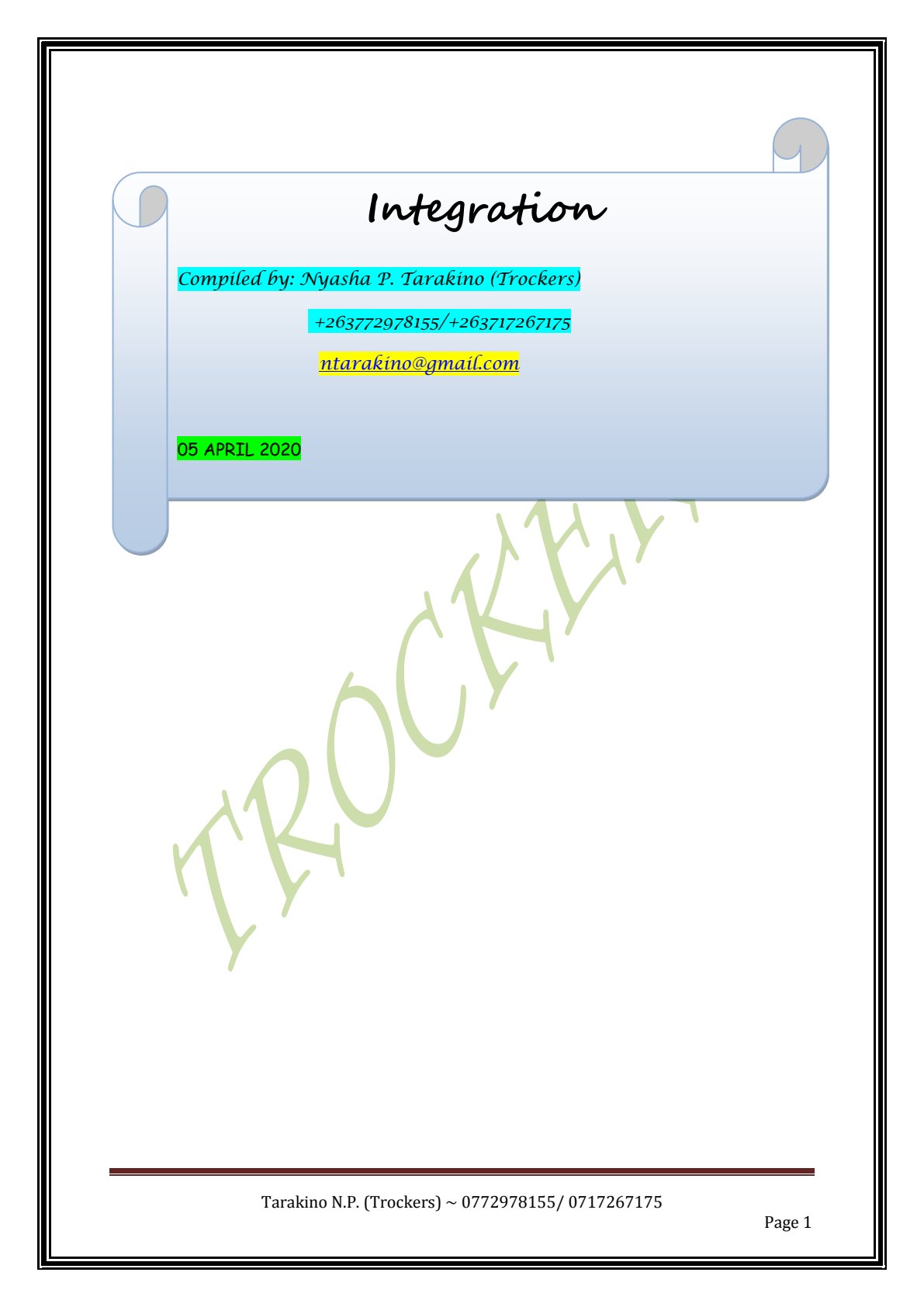 First page of Secondary Mathematics Integration Notes Zimbabwe