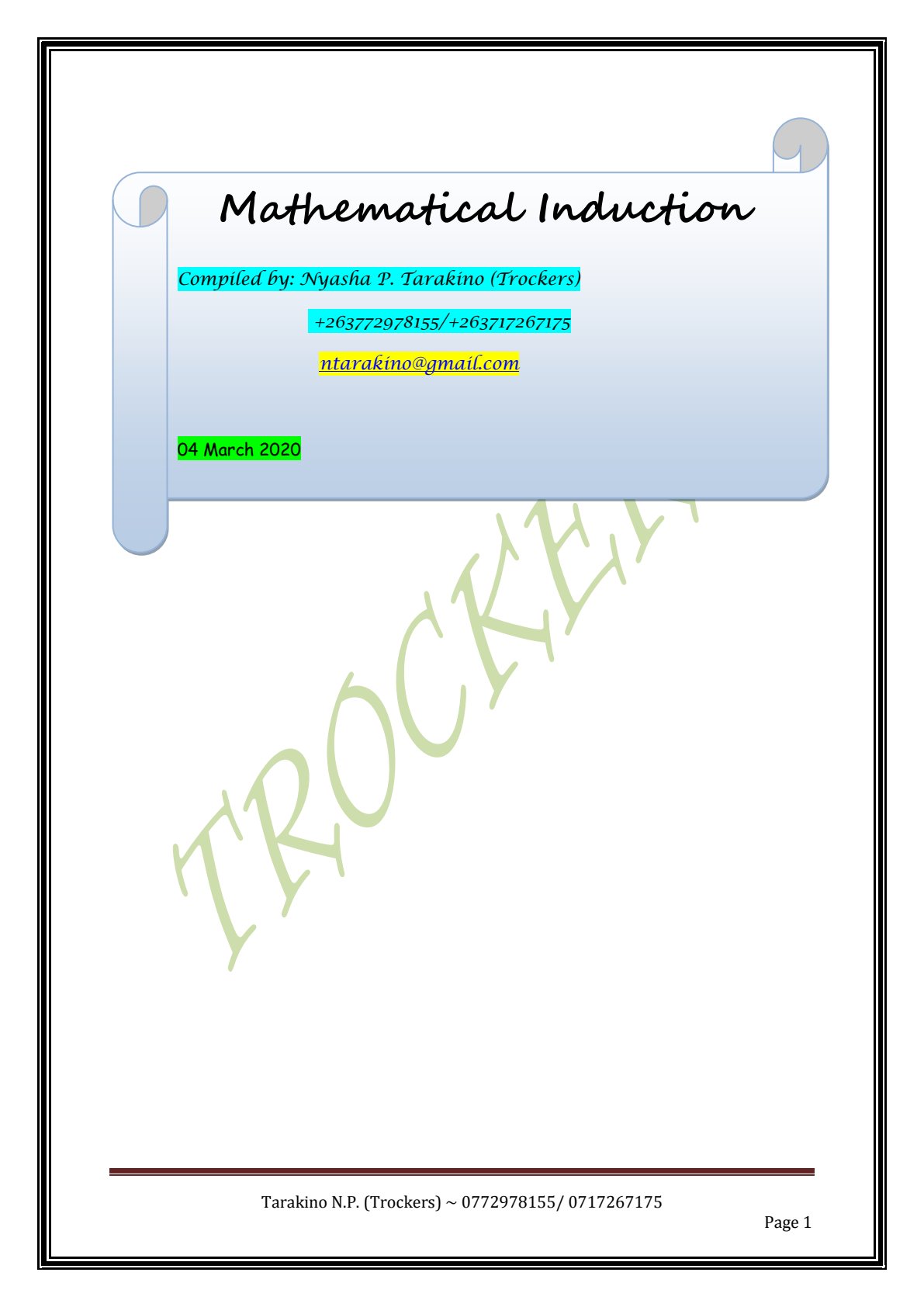 First page of Secondary Mathematics Mathematical Induction Notes Zimbabwe