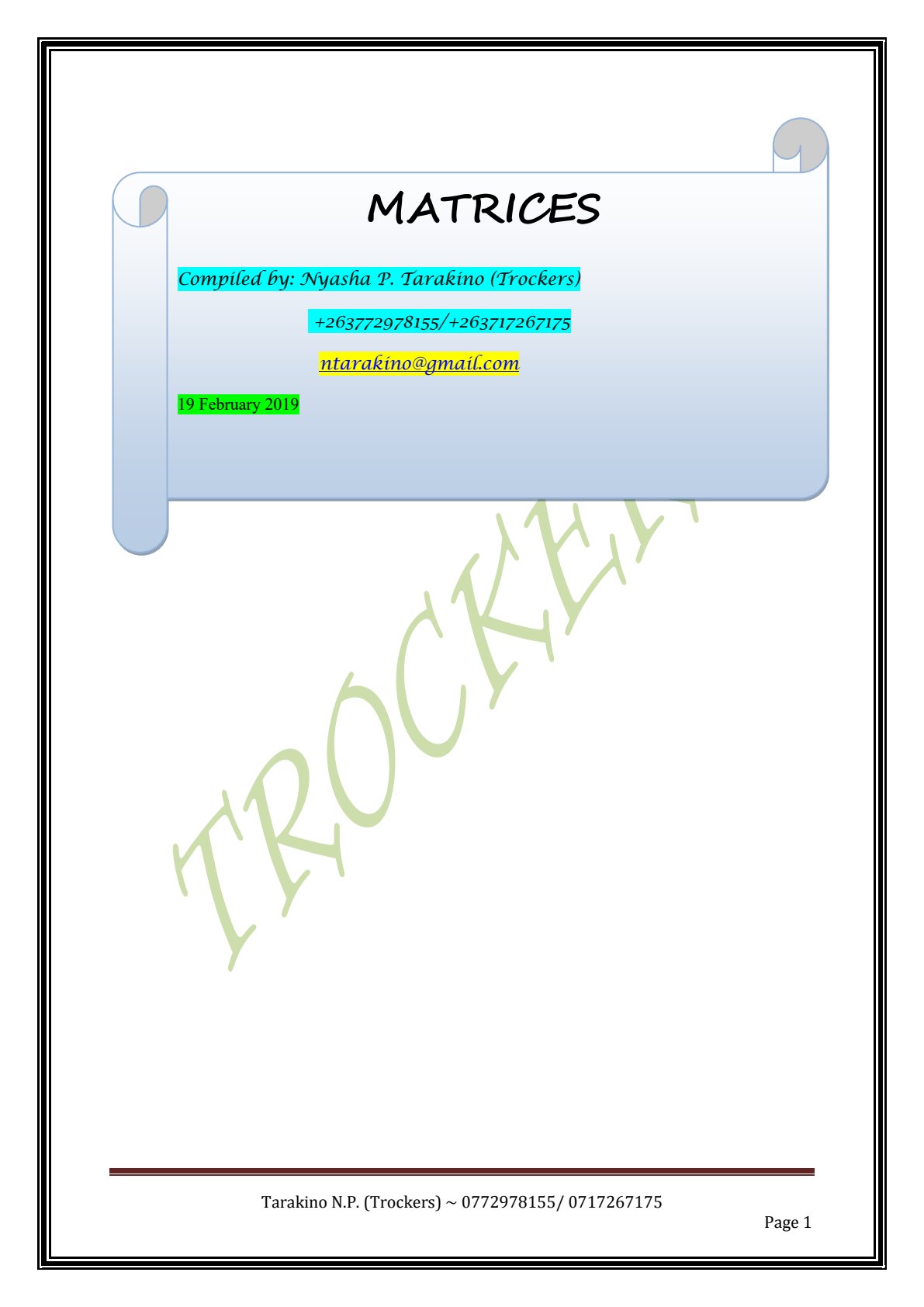 First page of Secondary Mathematics Matrices Notes Zimbabwe