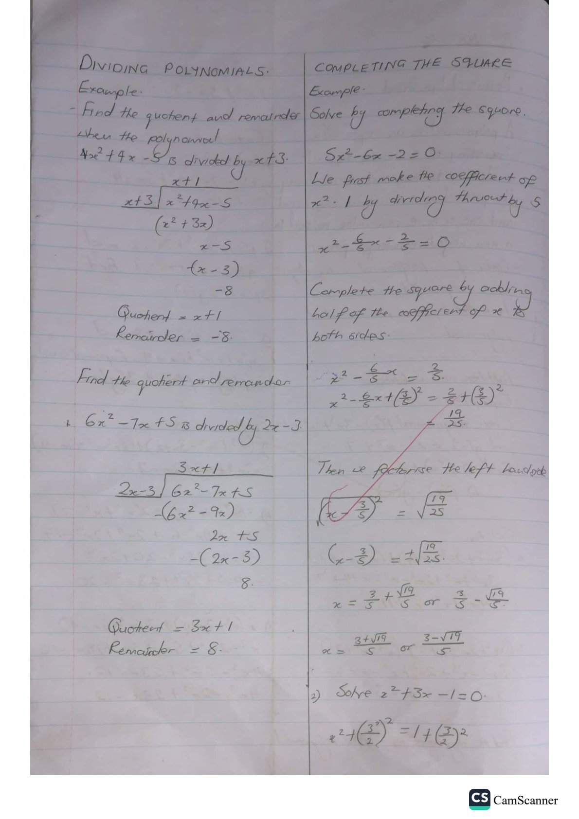 First page of Secondary Mathematics Polynomial Division and Completing the Square Notes Zimbabwe