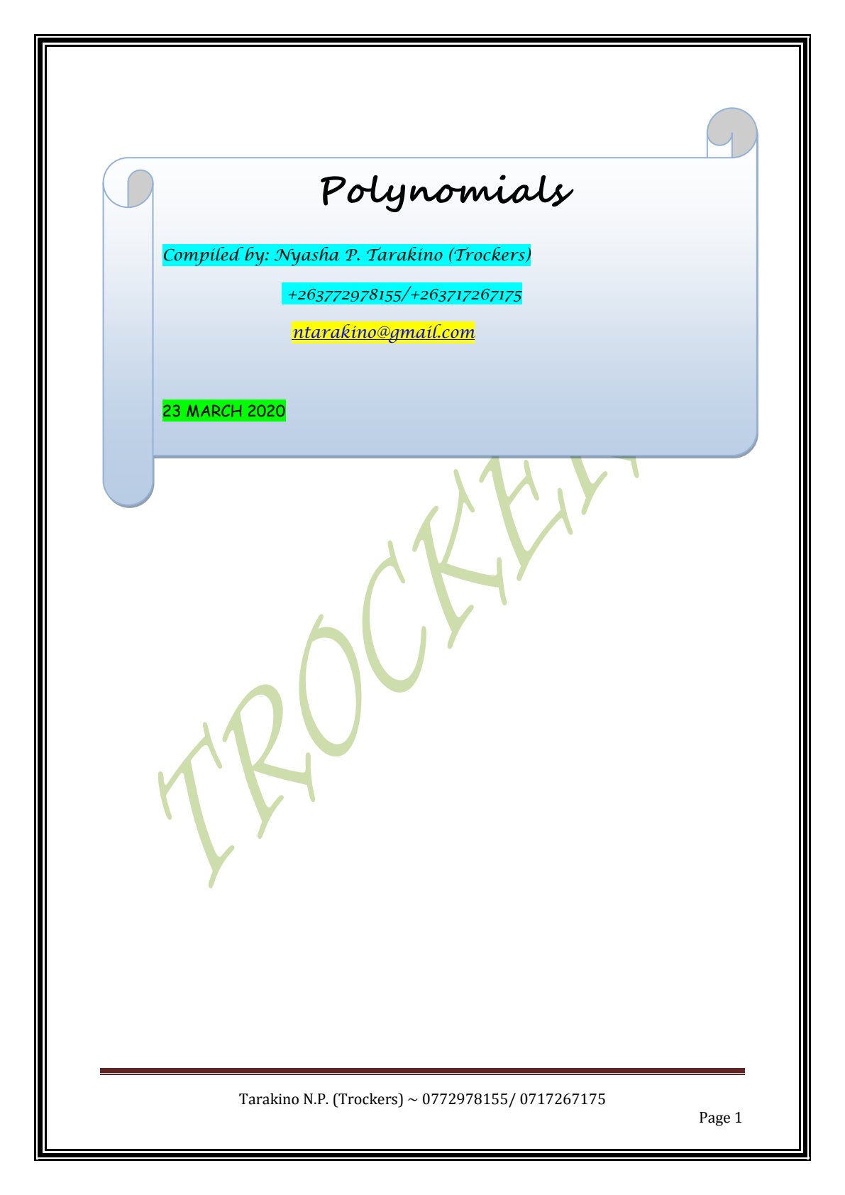 First page of Secondary Mathematics Polynomials Notes Zimbabwe