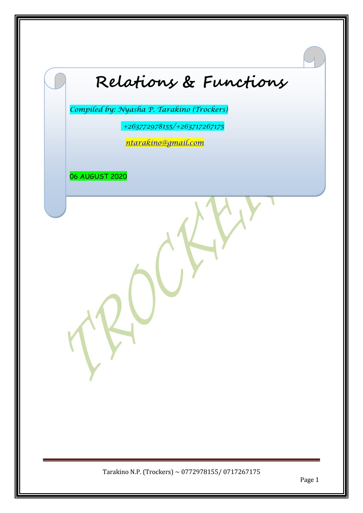First page of Secondary Mathematics Relations and Functions Notes Zimbabwe