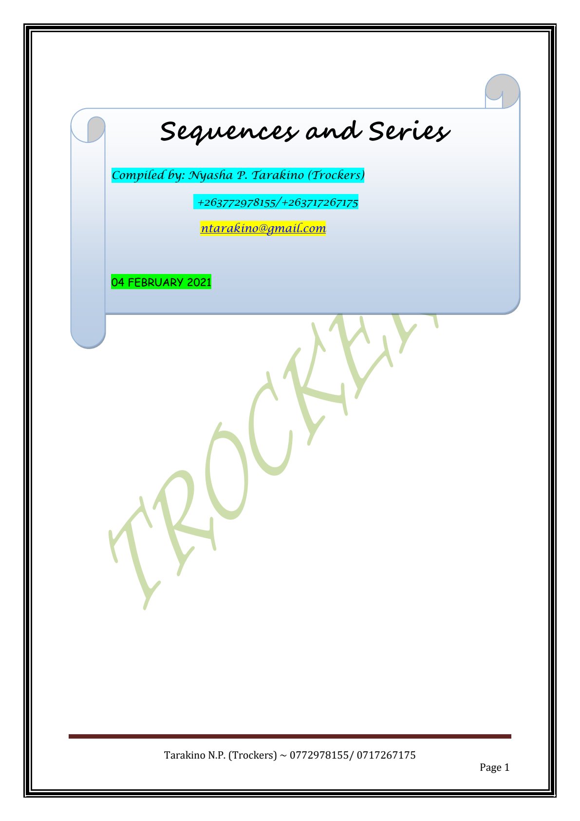 First page of Secondary Mathematics Sequences and Series Notes Zimbabwe