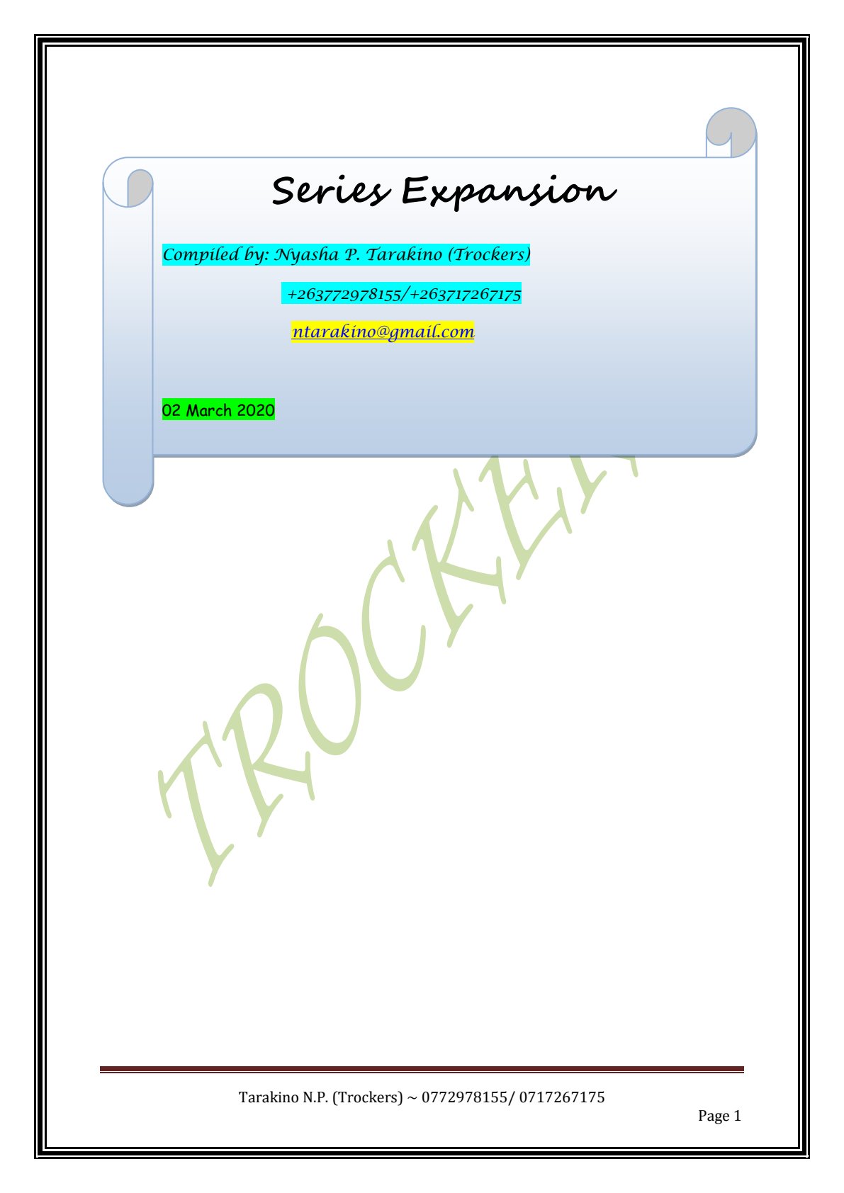 First page of Secondary Mathematics Series Expansion Notes Zimbabwe