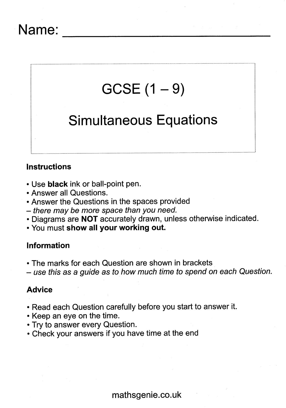 First page of Secondary Mathematics Simultaneous Equations Worksheet Zimbabwe