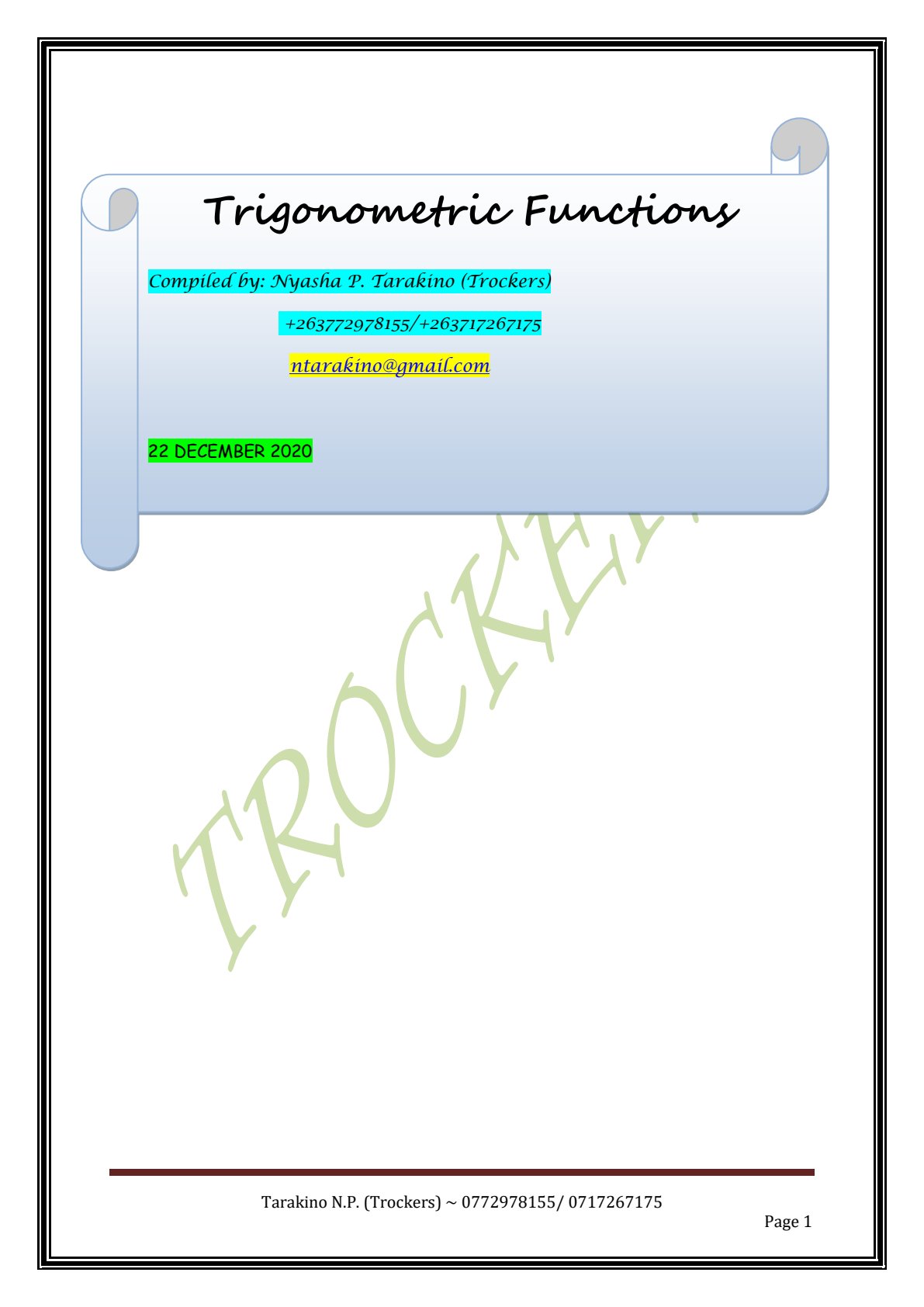 First page of Secondary Mathematics Trigonometric Functions Notes Zimbabwe