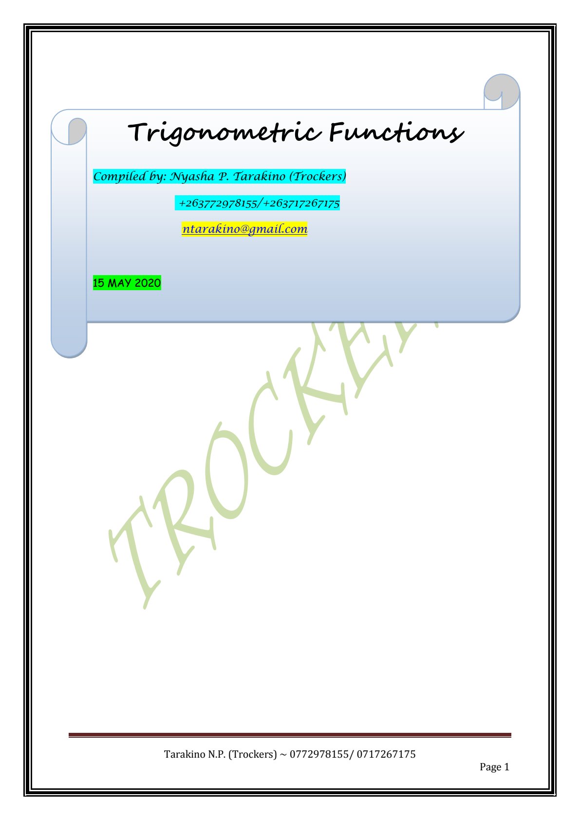 First page of Secondary Mathematics Trigonometric Functions Notes Zimbabwe