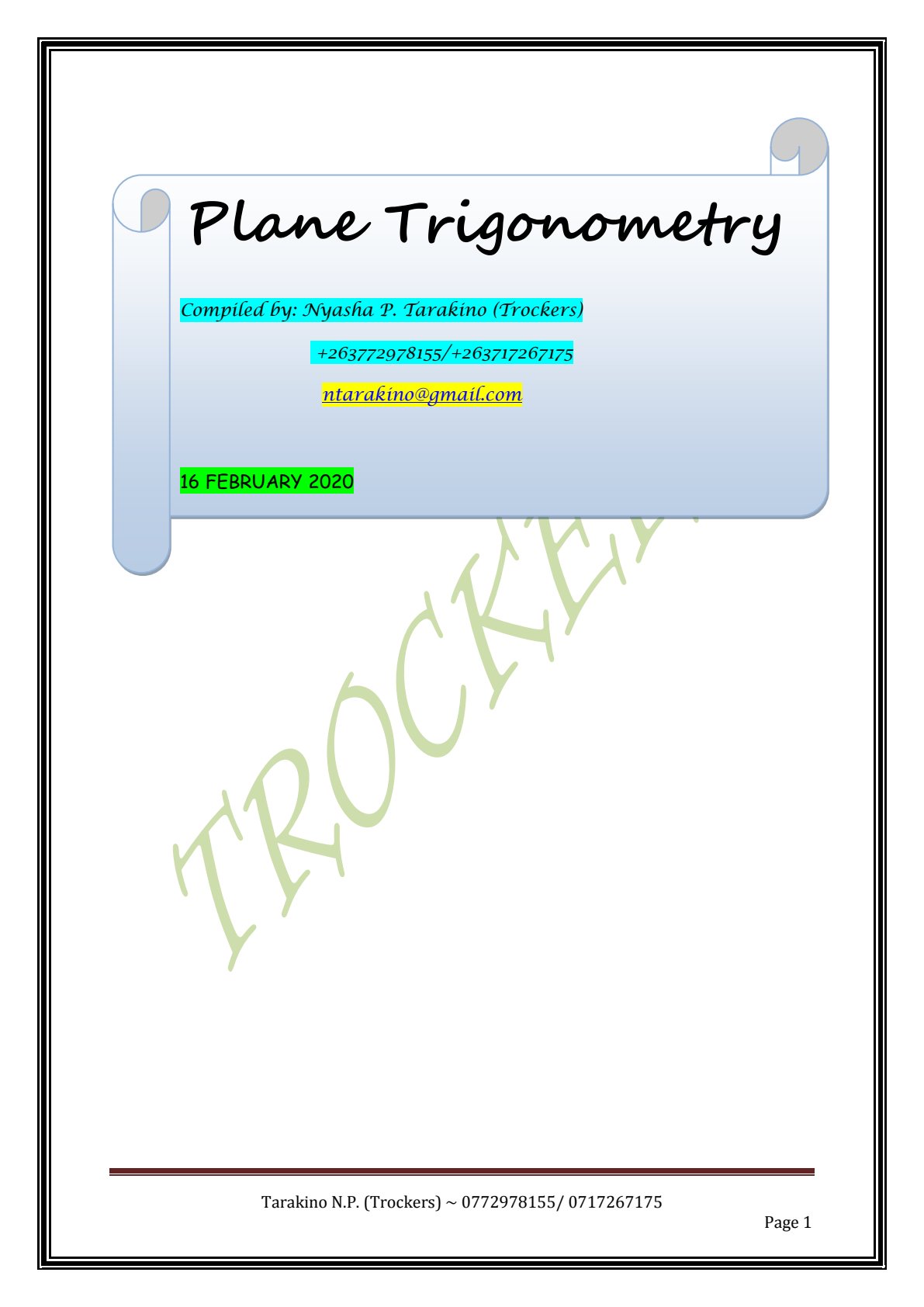 First page of Secondary Mathematics Trockers 2020 Study Guide