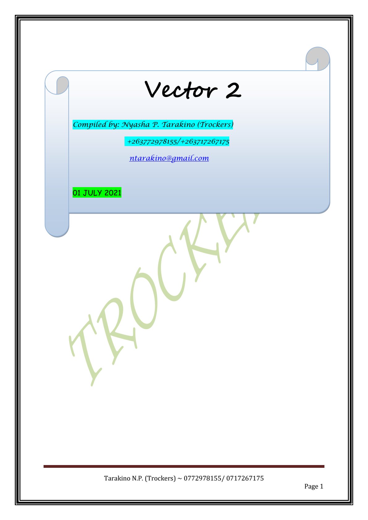 First page of Secondary Mathematics Vector 2 Notes Zimbabwe