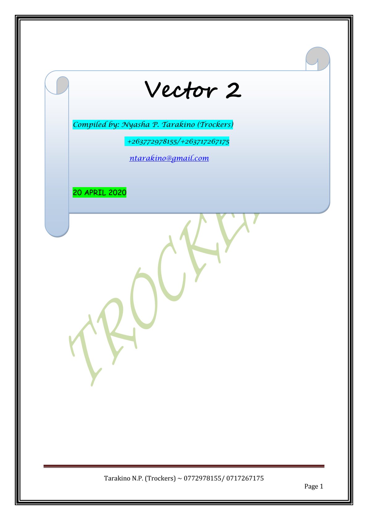First page of Secondary Mathematics Vector 2 Notes Zimbabwe