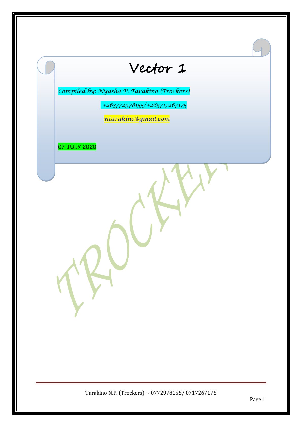 First page of Secondary Mathematics Vectors Notes Zimbabwe