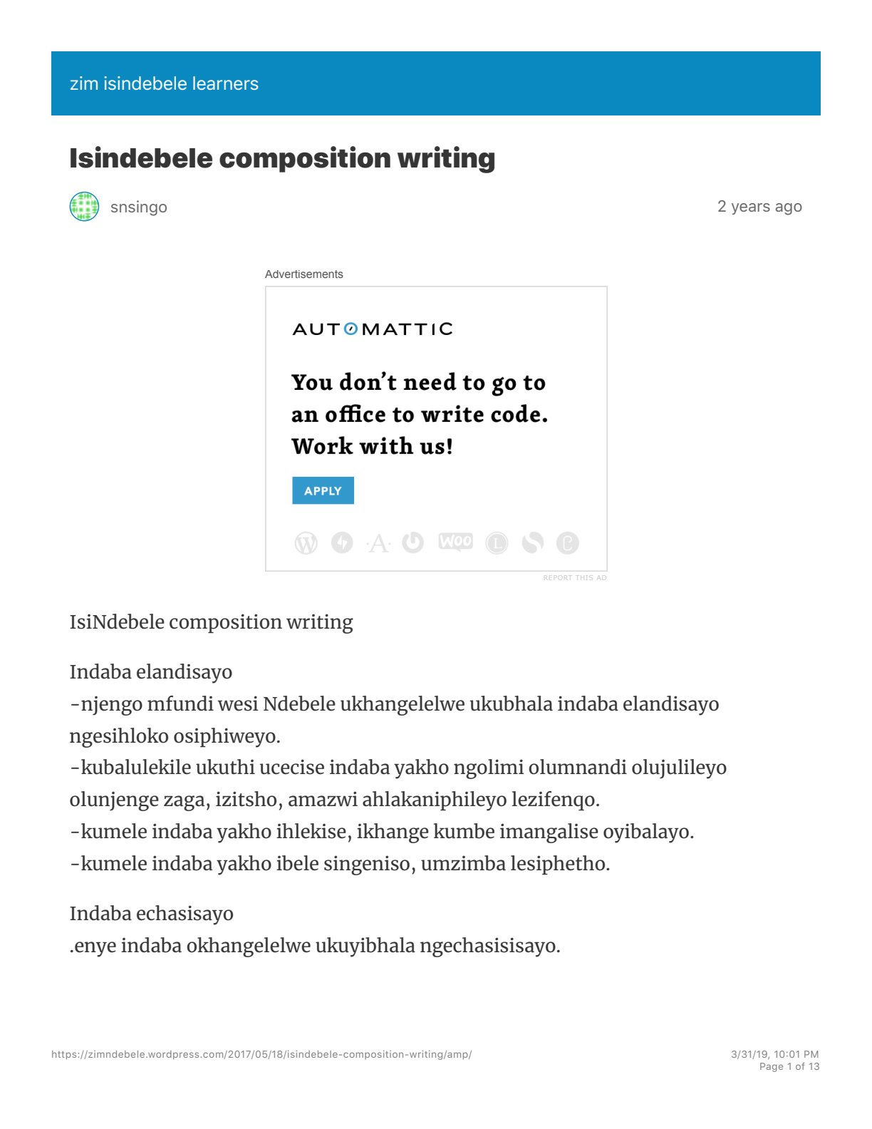 First page of Secondary Ndebele Composition writing (Indaba elandisayo, Indaba echasisayo) Notes Zimbabwe