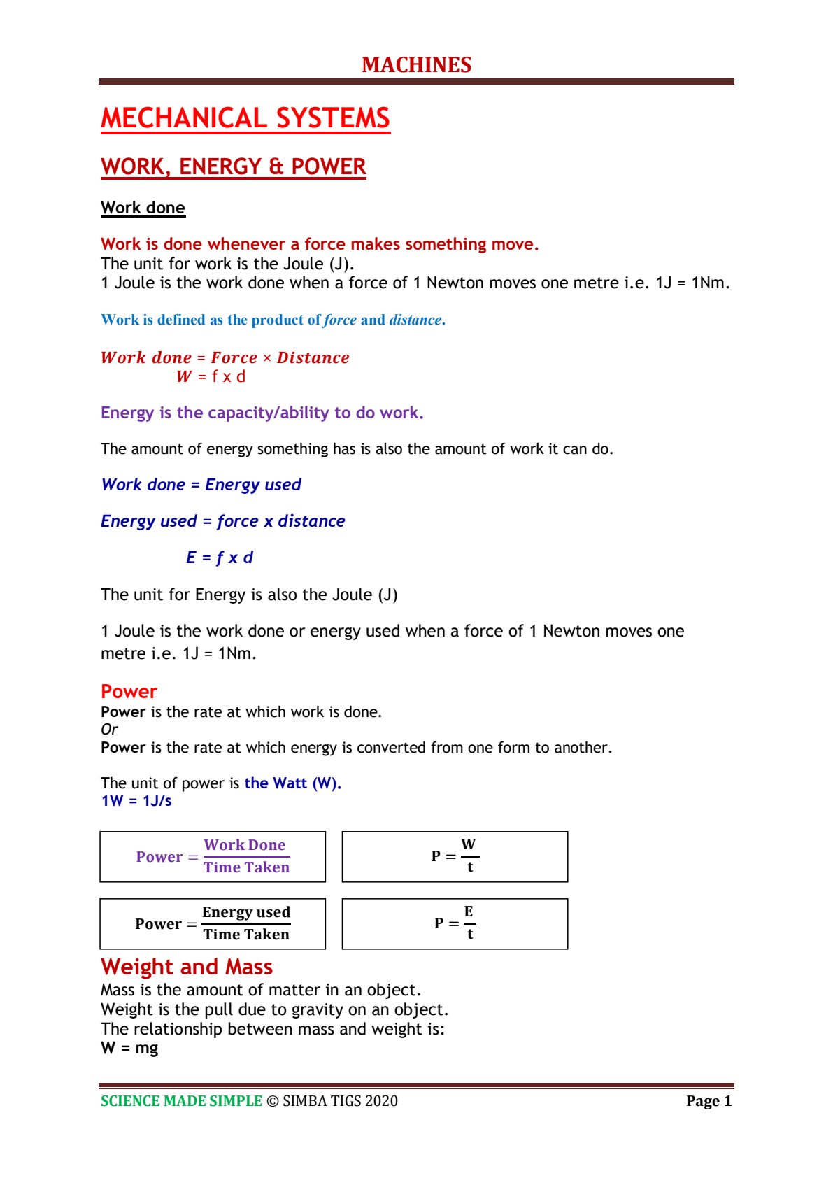 First page of Secondary Physics MACHINES Notes Zimbabwe