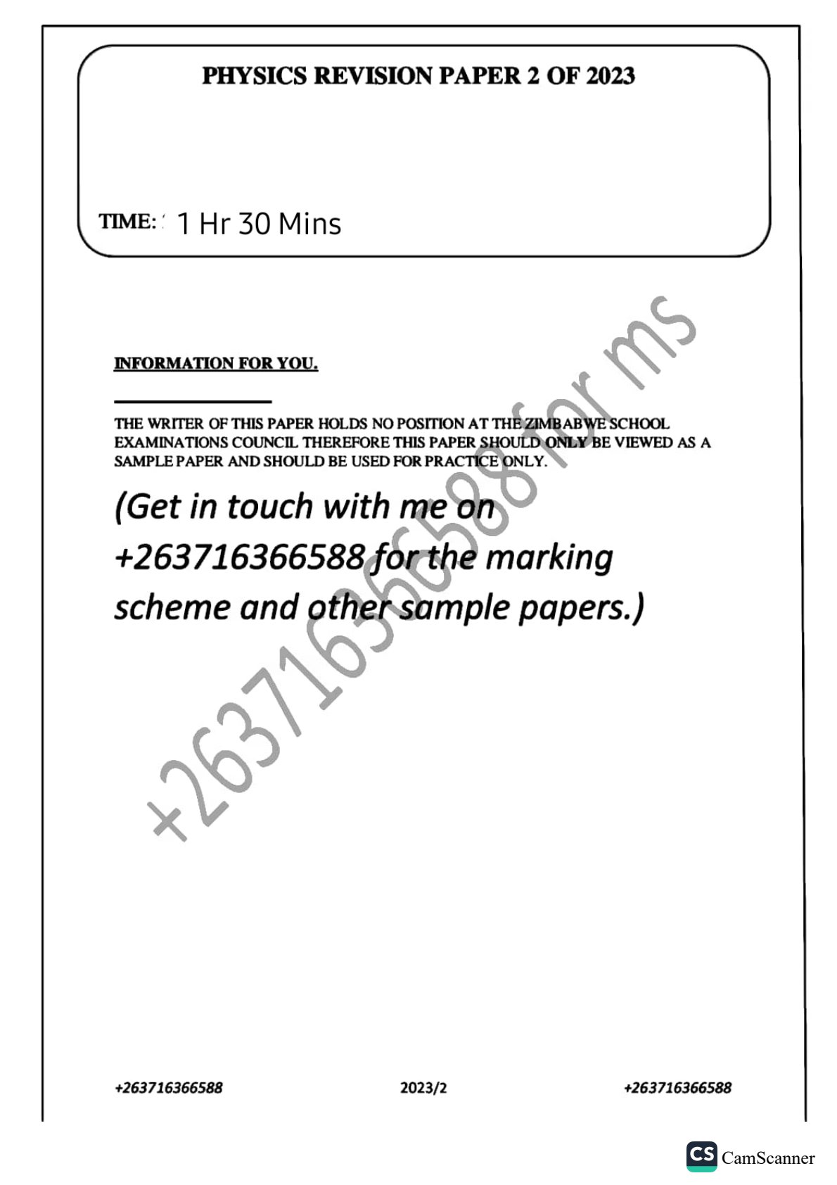 First page of Secondary Physics Revision Pack Zimbabwe