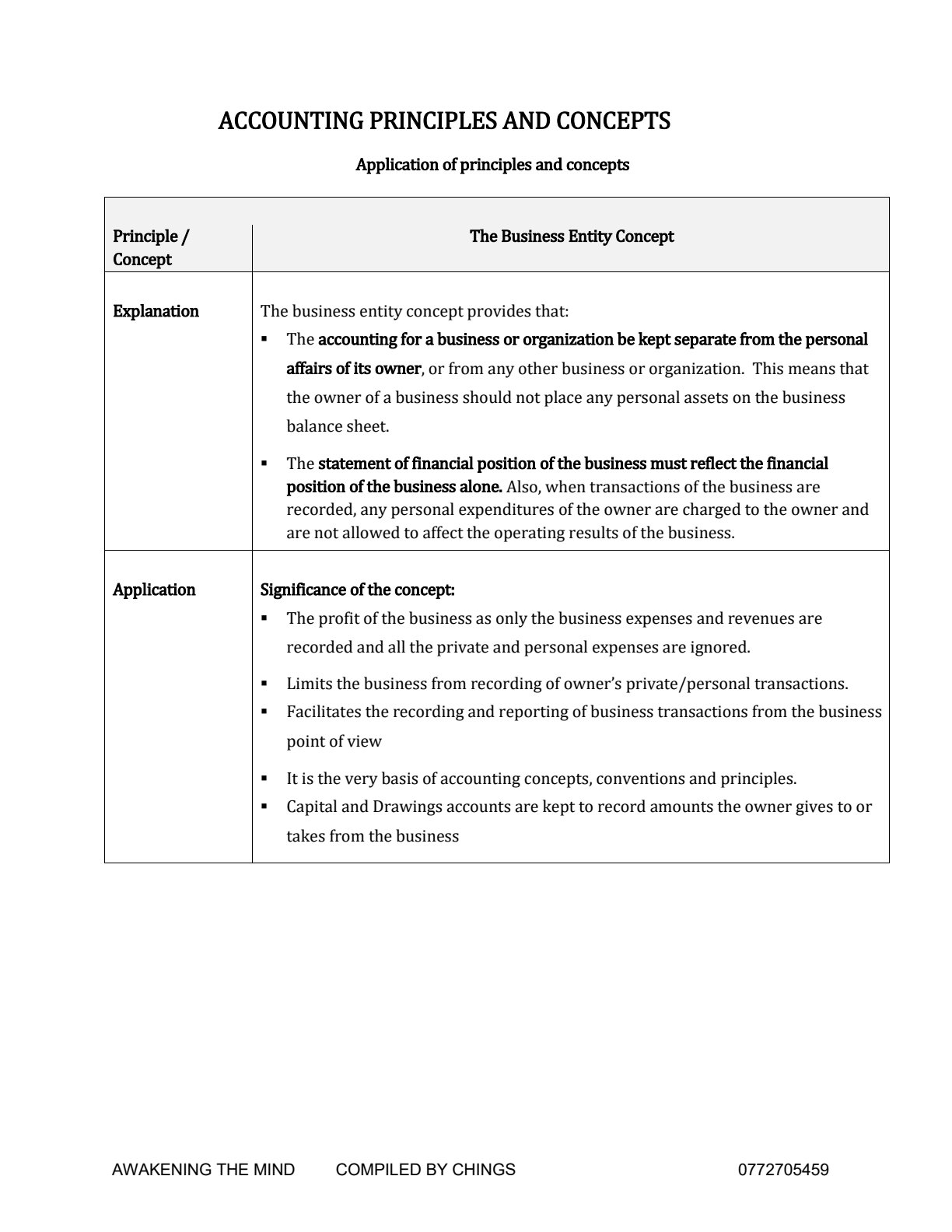 First page of Secondary Principles of Accounts Accounting Principles and Concepts Notes Zimbabwe