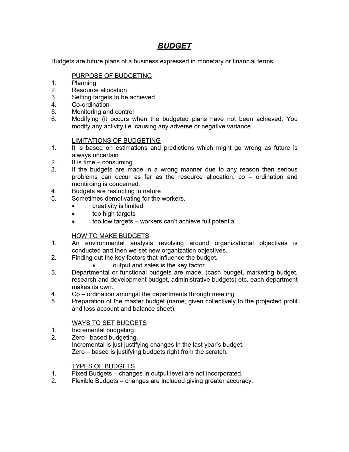 First page of Secondary Principles of Accounts Budgeting Notes Zimbabwe