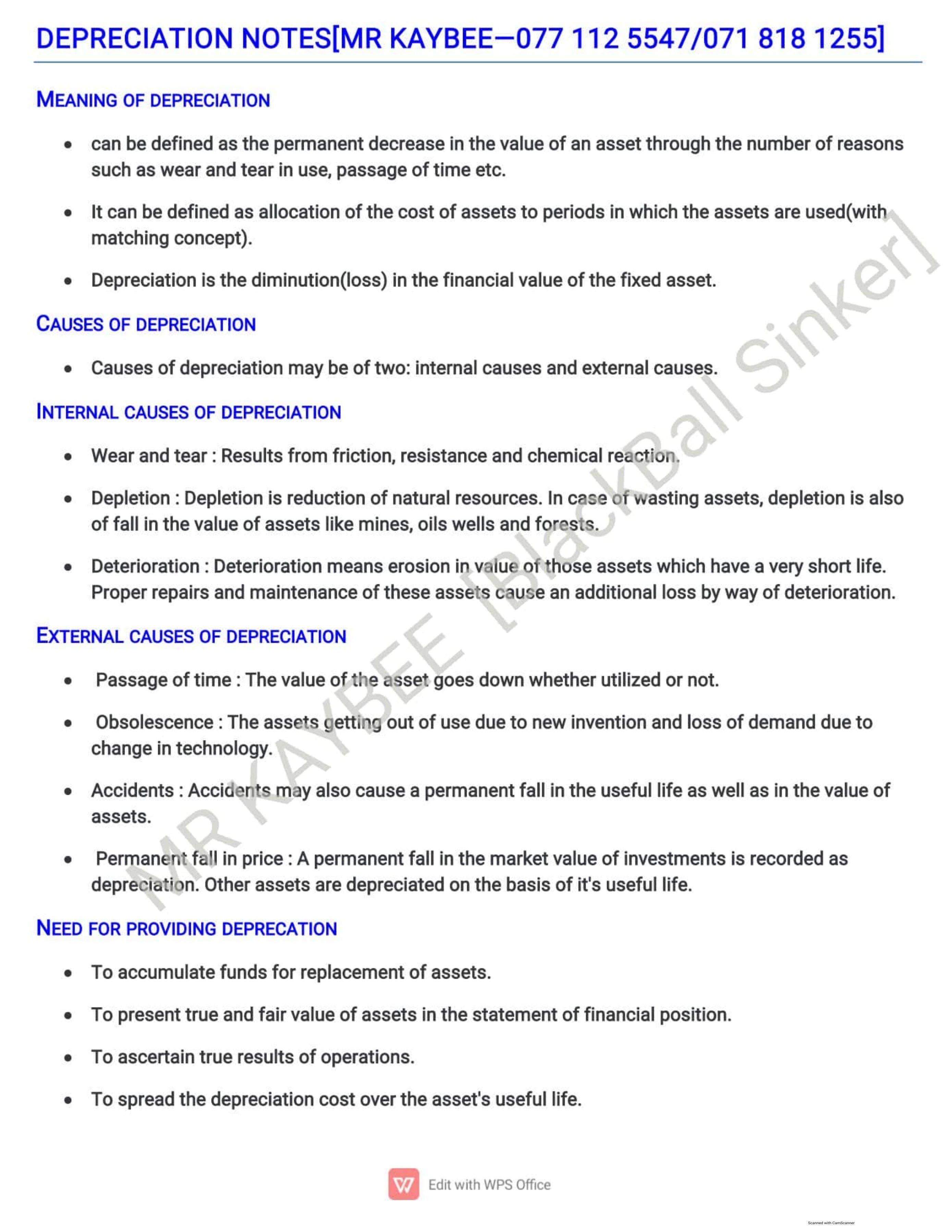 First page of Secondary Principles of Accounts Depreciation Notes Zimbabwe