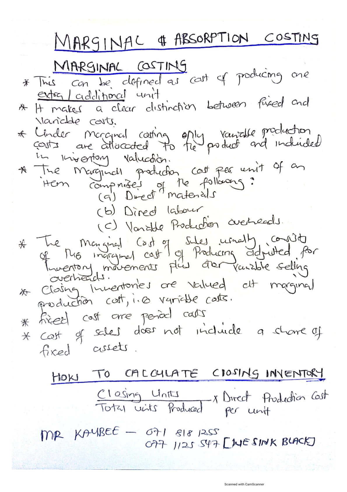 First page of Secondary Principles of Accounts Marginal and Absorption Costing Notes Zimbabwe