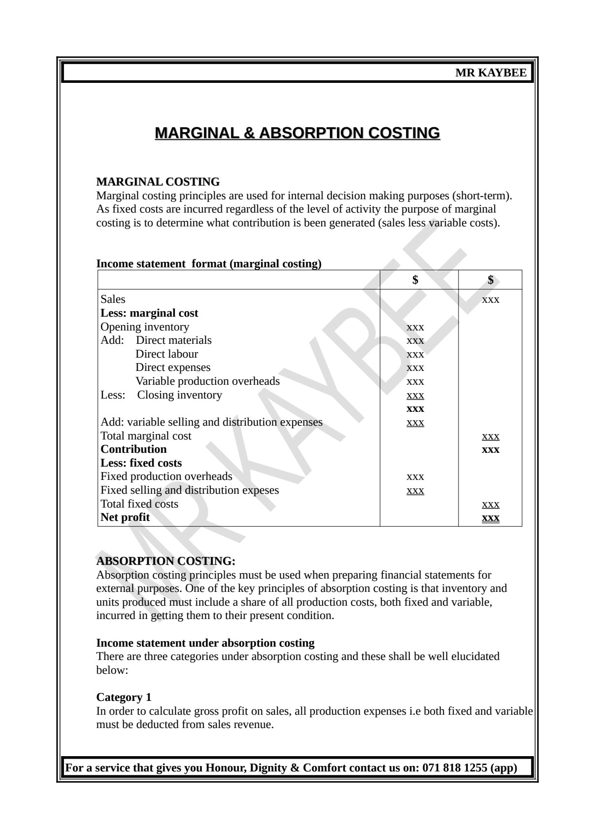 First page of Secondary Principles of Accounts Marginal and Absorption Costing Notes Zimbabwe