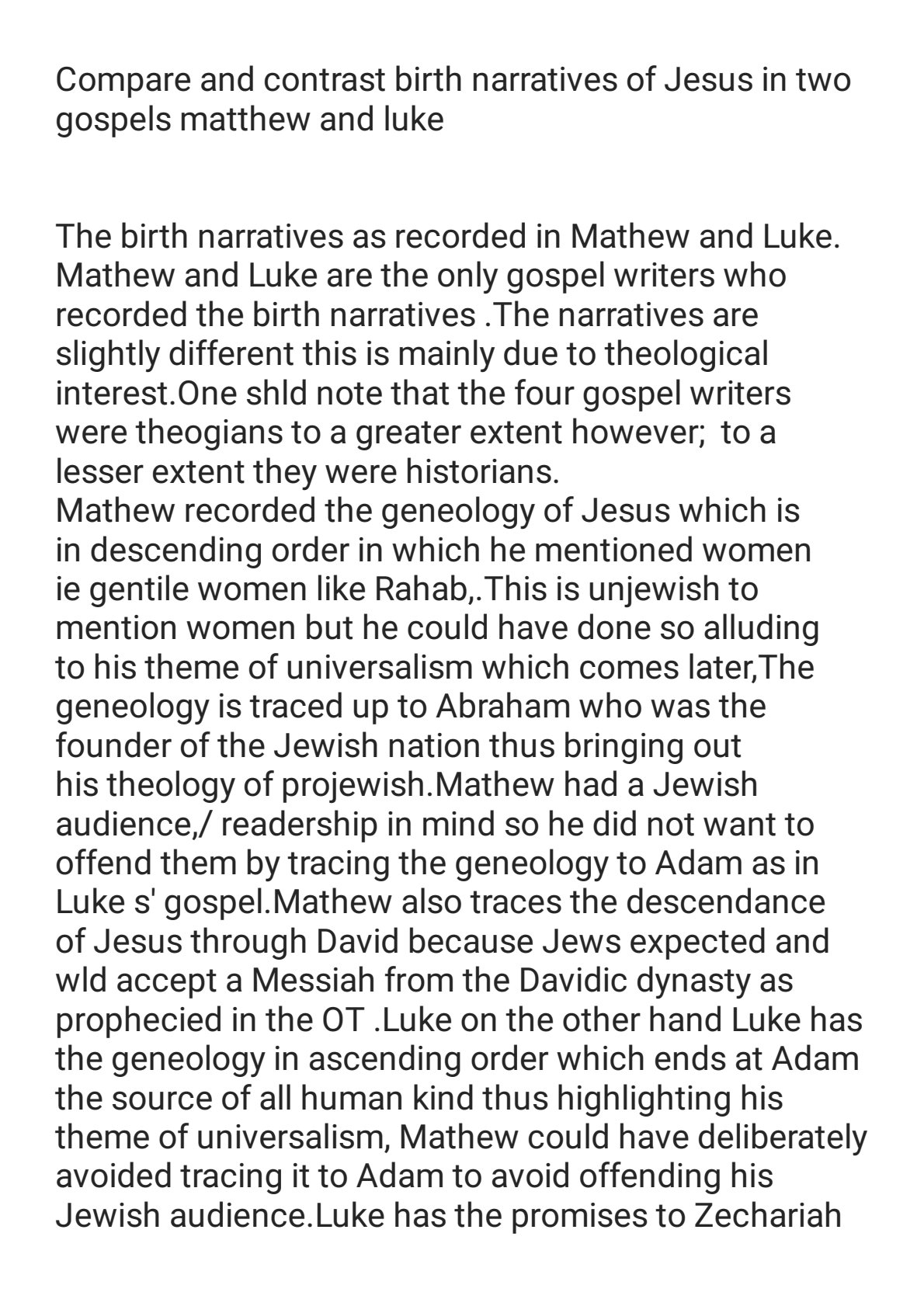 First page of Secondary Religious Studies Birth Narratives of Jesus Notes Zimbabwe