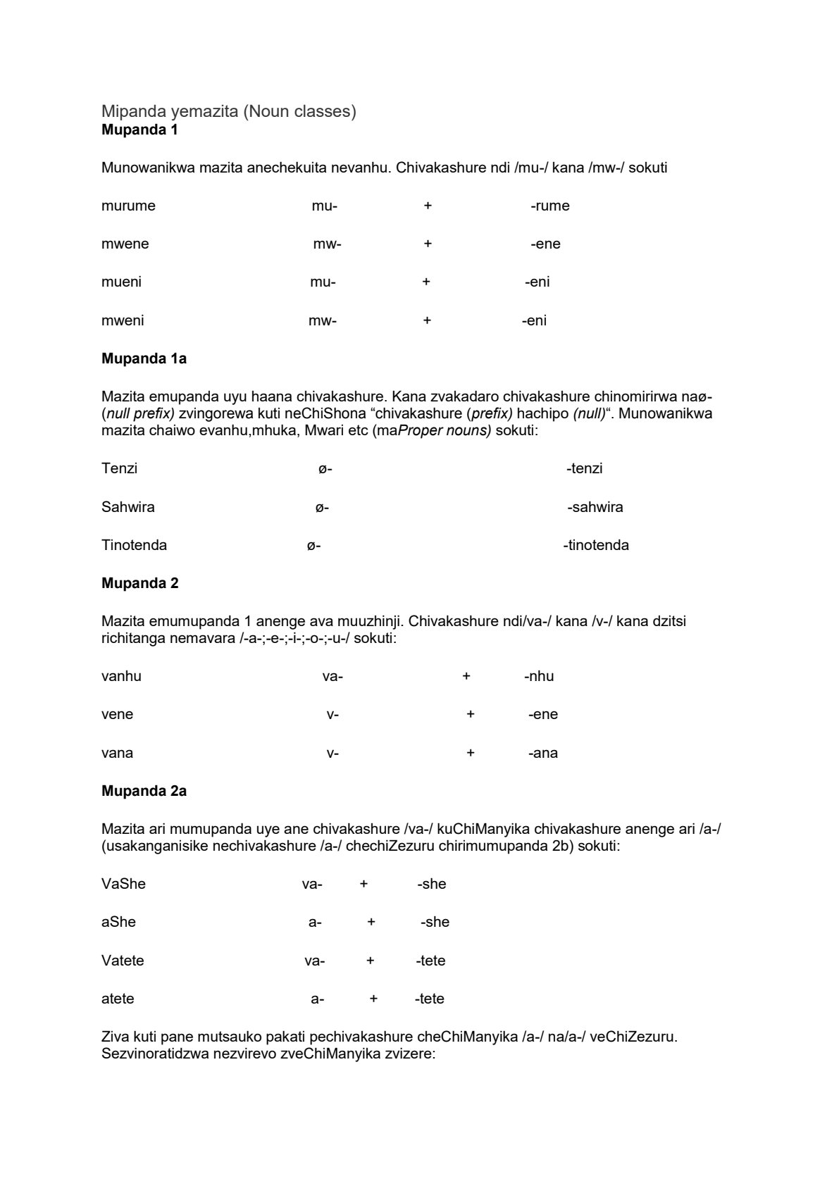 First page of Secondary Shona Mipanda yemazita (Noun classes) Notes Zimbabwe