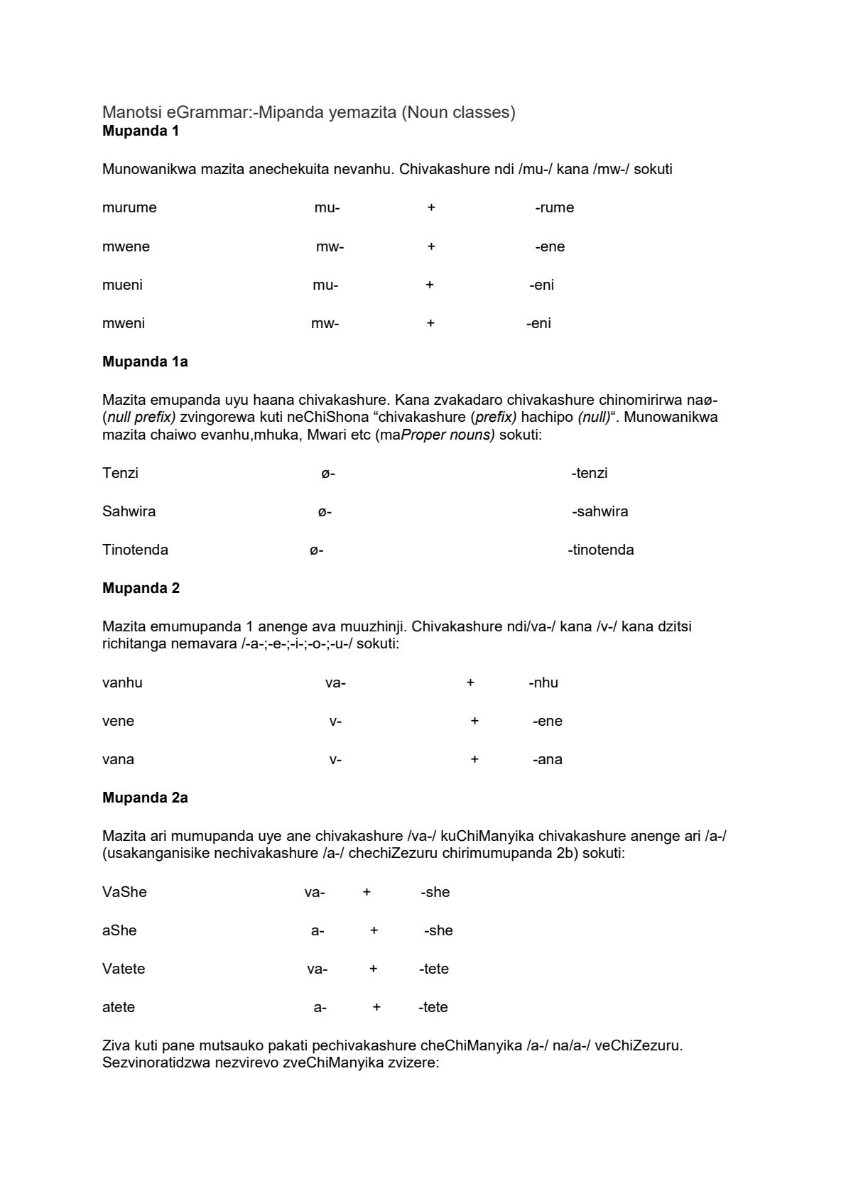 First page of Secondary Shona Mipanda yemazita (Noun classes) Notes Zimbabwe