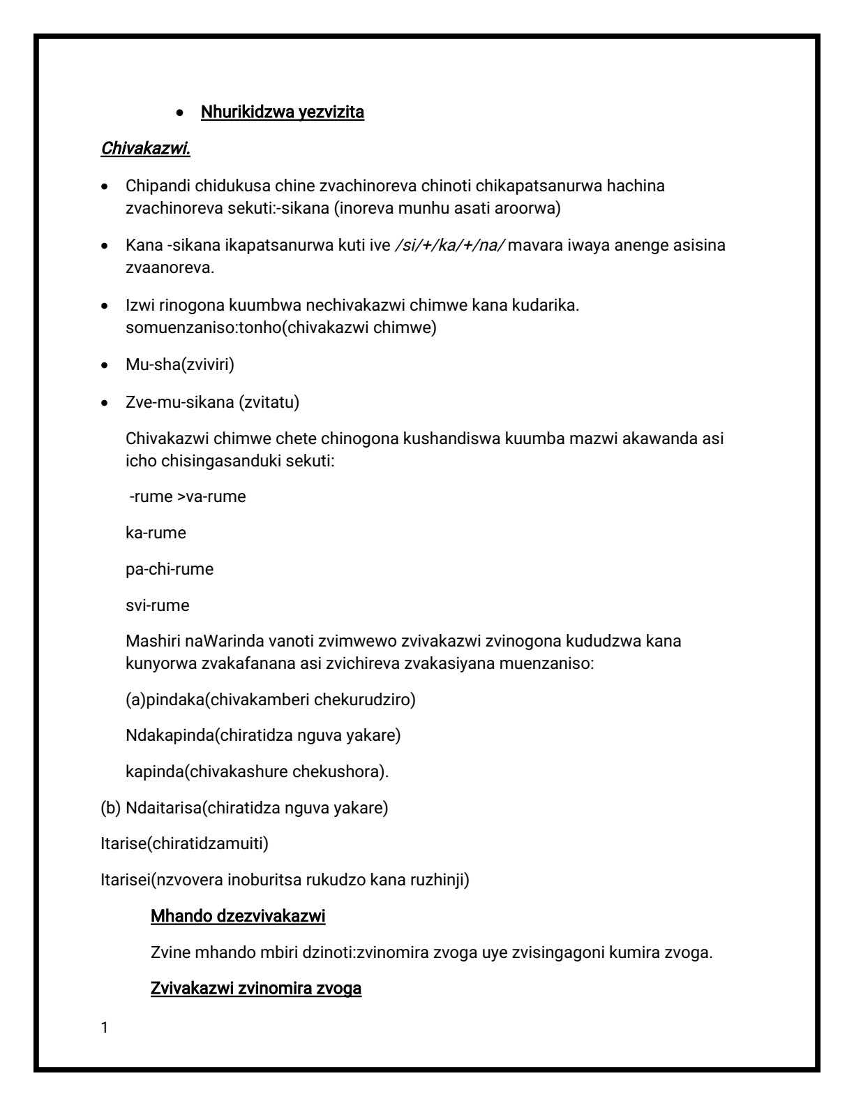 First page of Secondary Shona Zvivakazwi (Morphemes) Notes Zimbabwe
