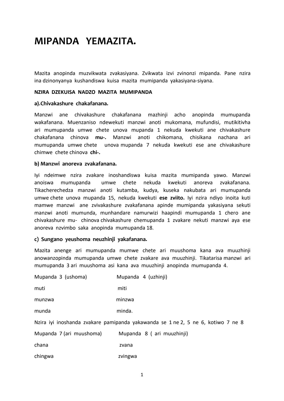 First page of Shona Noun classes (Mipanda yemazita) Notes Zimbabwe