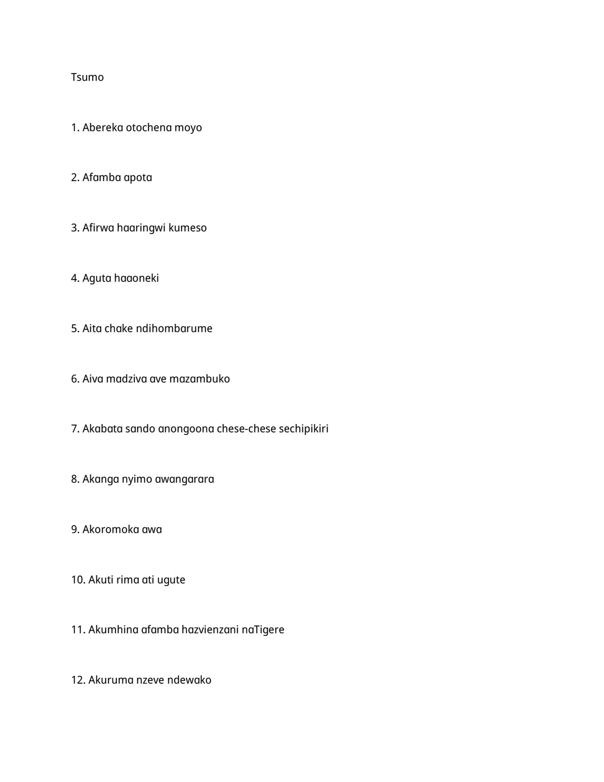 First page of Shona Tsumo (Proverbs) Notes Zimbabwe