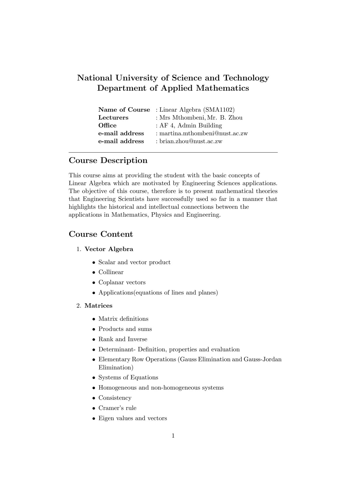 First page of SMA1102 Linear Algebra Syllabus