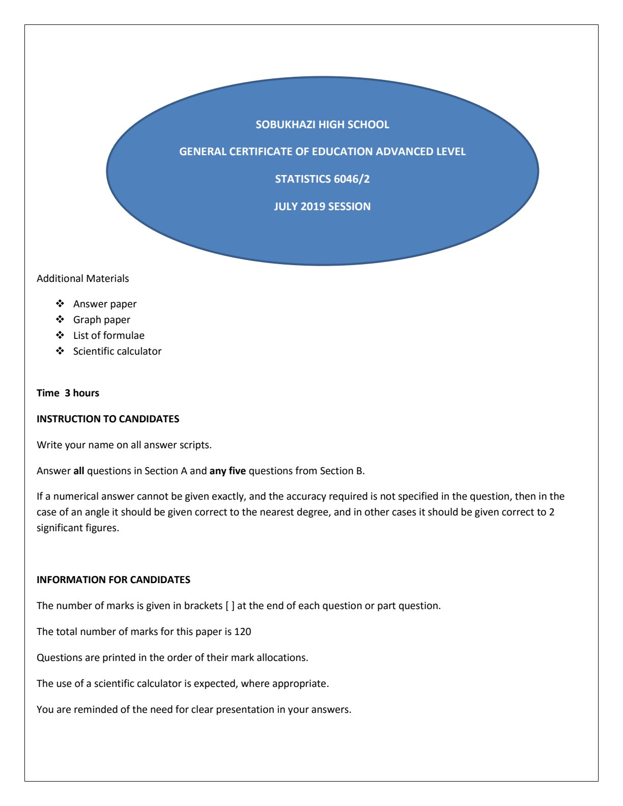 First page of Statistics Mock Question Paper