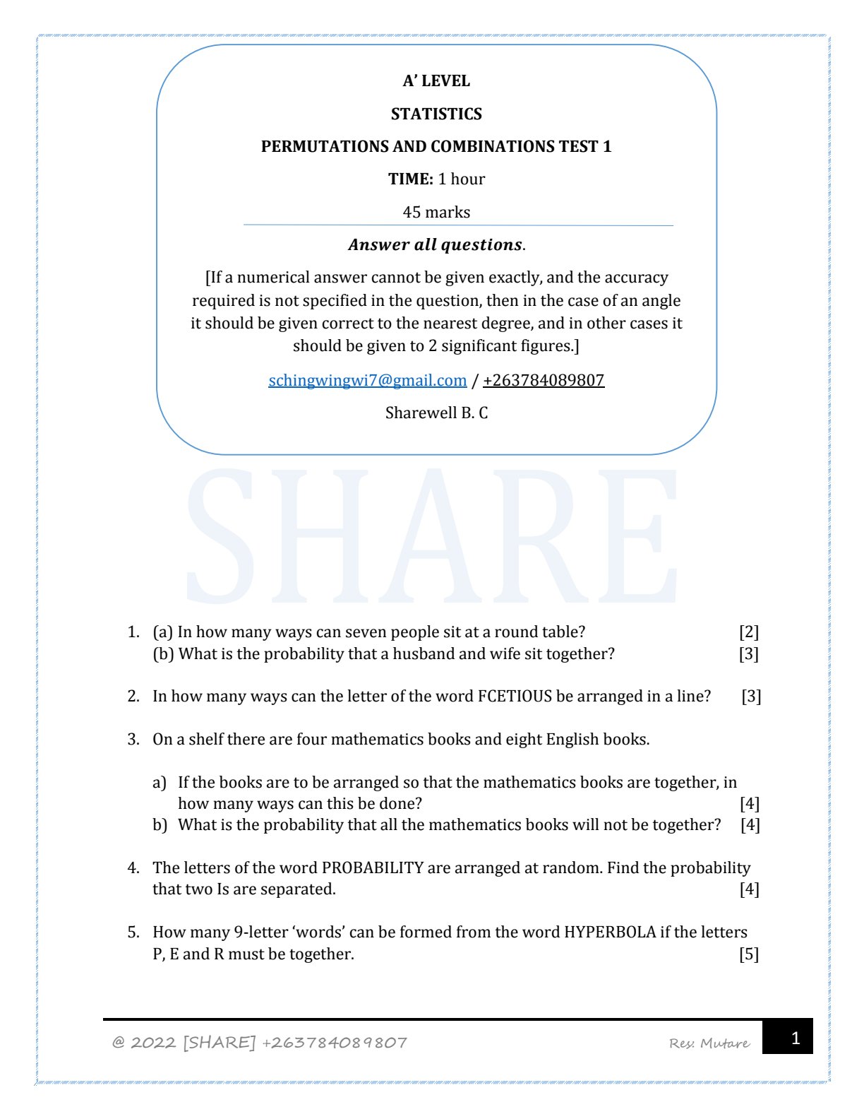 First page of Statistics Permutations and Combinations Test 1 Question Paper