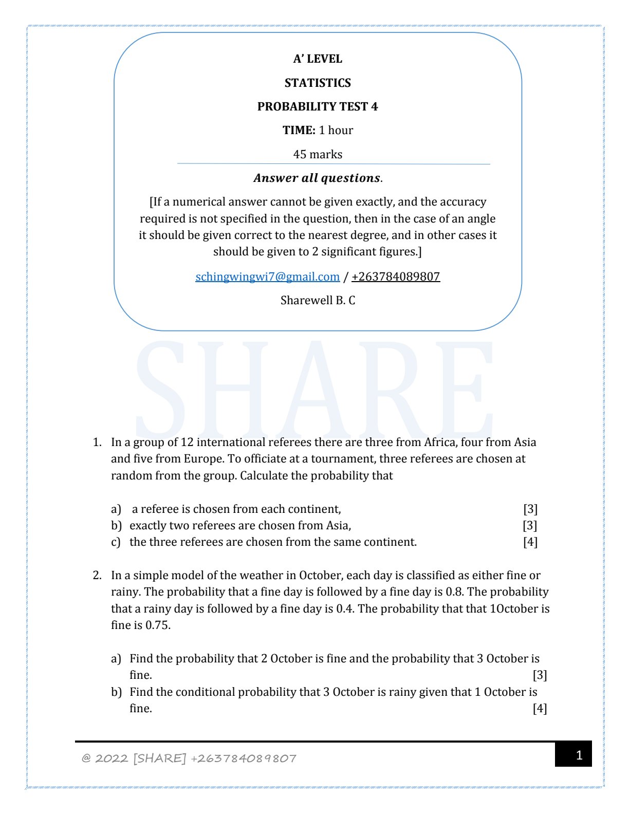 First page of Statistics Probability Test 4 Question Paper