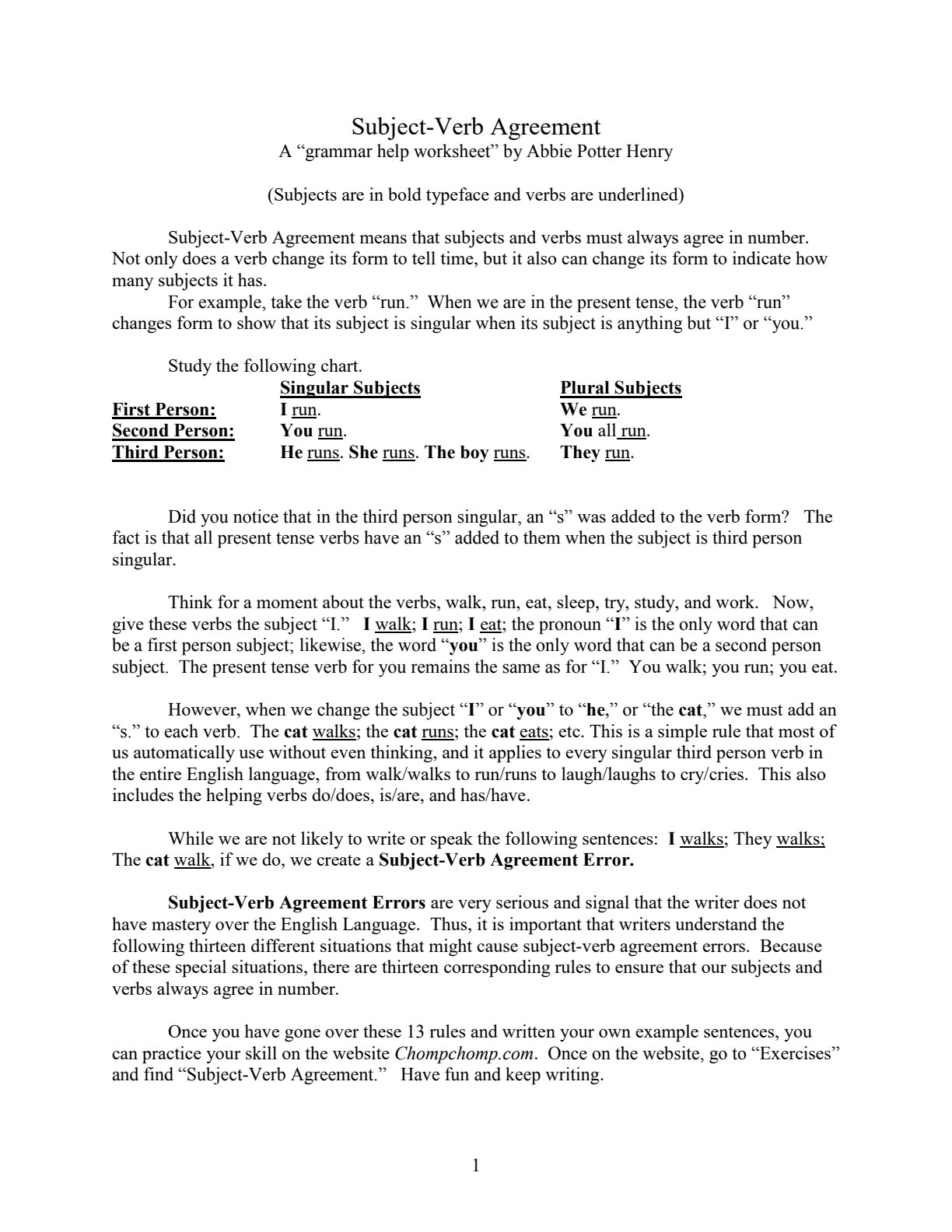 First page of Subject-Verb Agreement