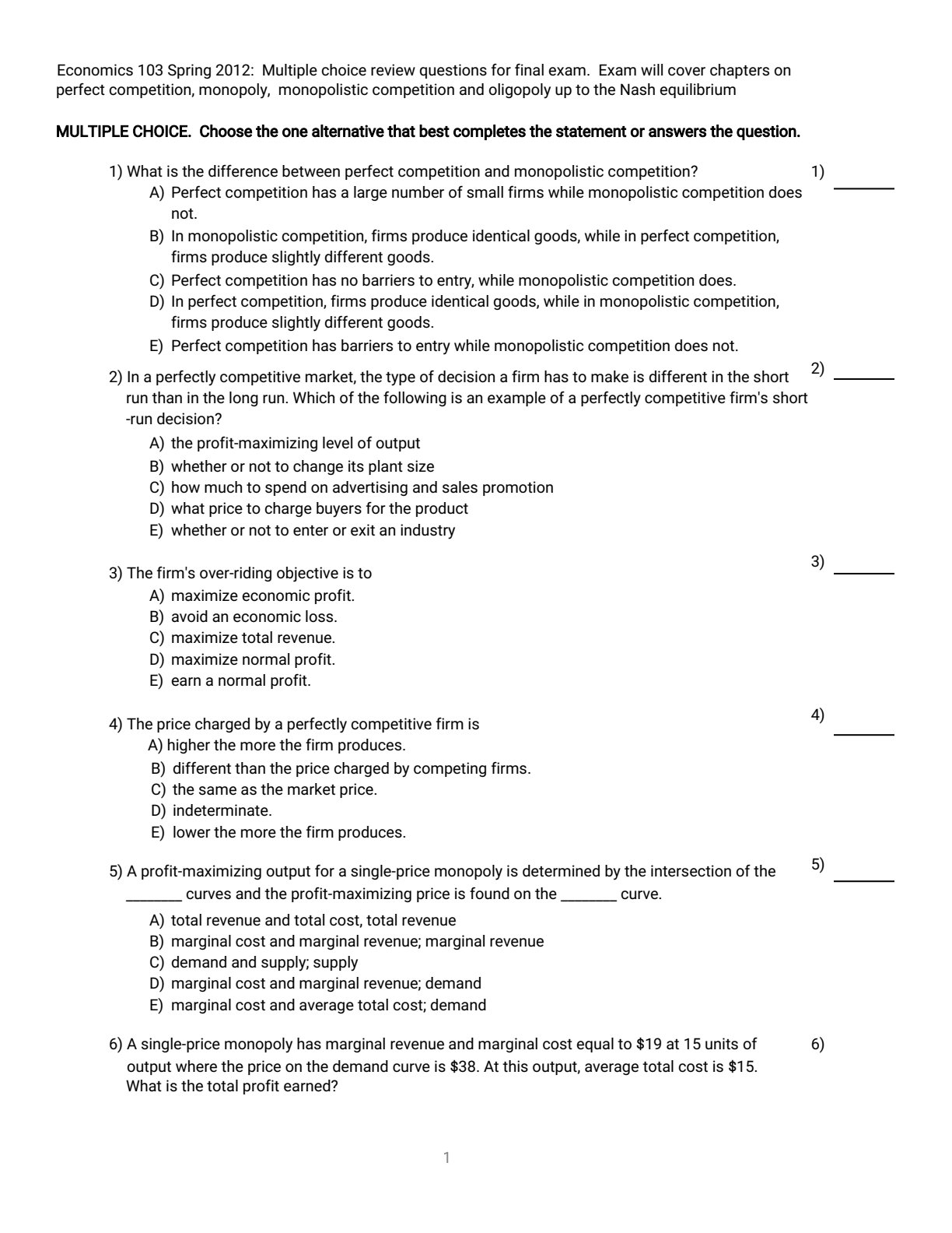 First page of Tertiary Economics Revision Pack Zimbabwe