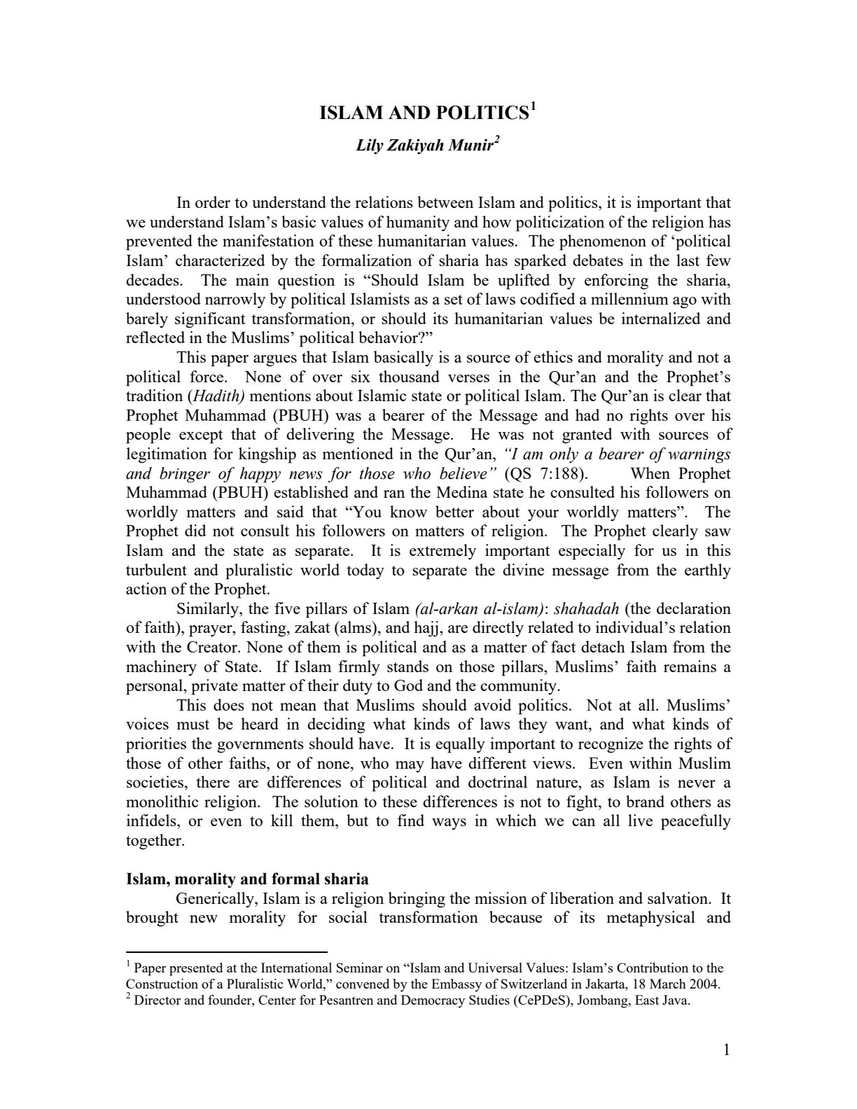 First page of Tertiary Islamic Studies Islam and Politics Relations Notes Zimbabwe